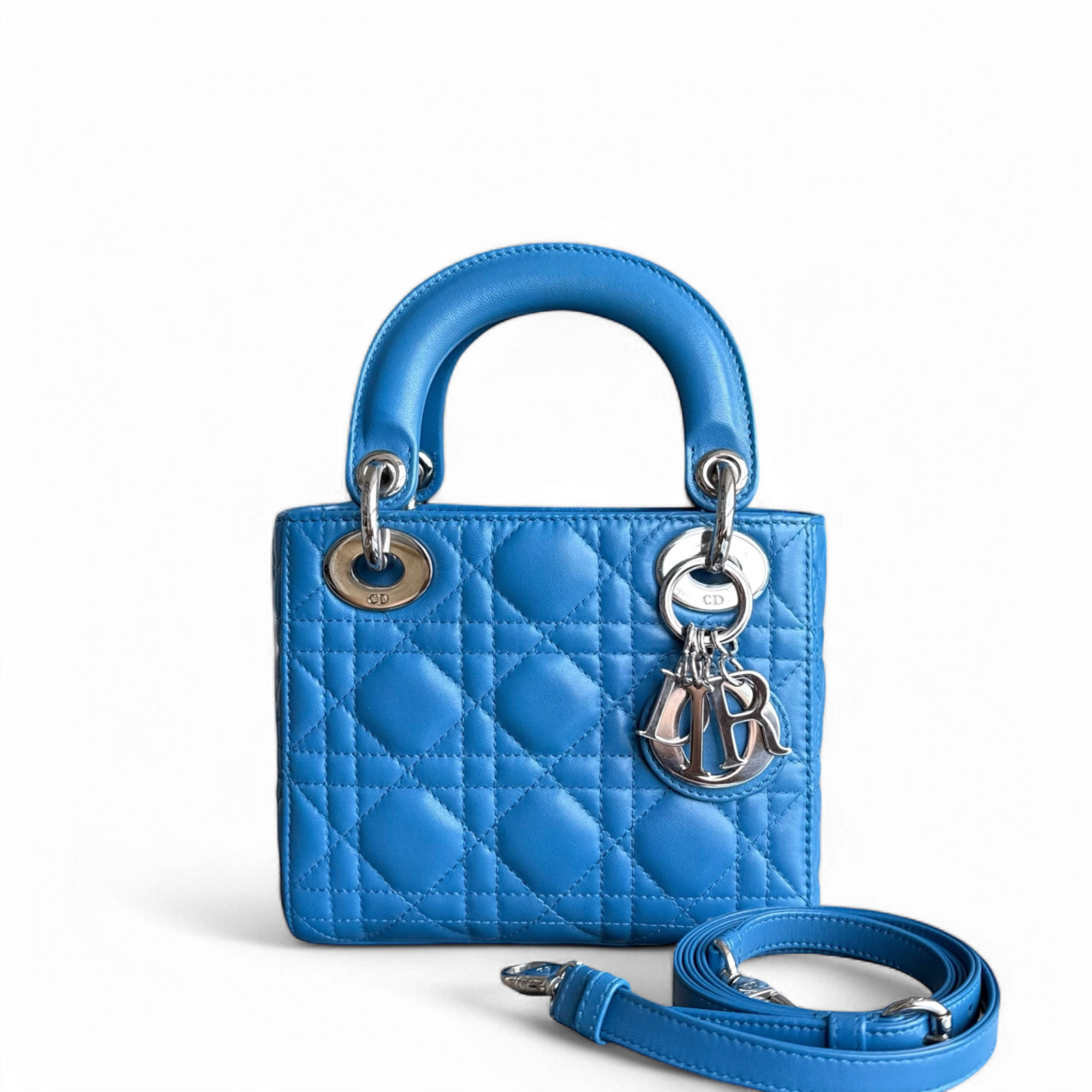 Dior Lady Mini - Cannage Lambskin Blue Silver Hardware Adjustable Strap