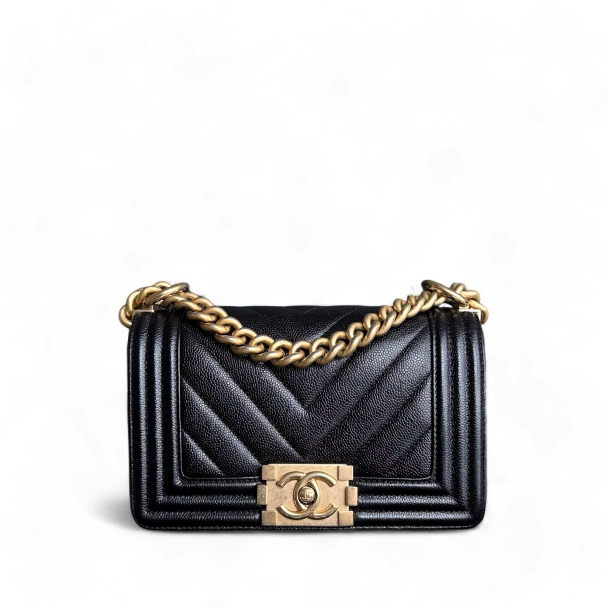 Chanel Boy Small - Caviar 20CM Chevron Black Gold Hardware Series 24