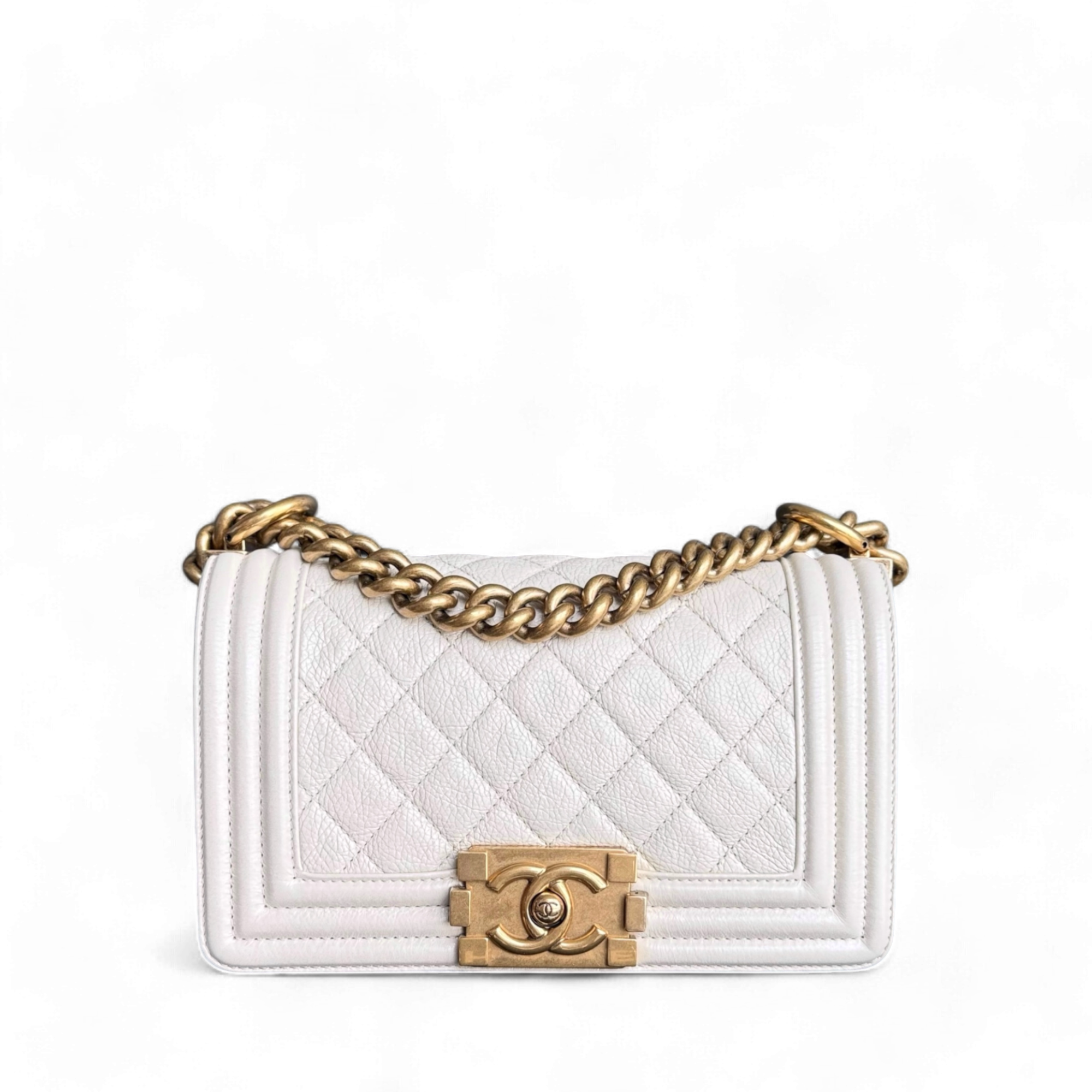 Chanel Boy Small - Grained Calfskin Quilted Cream White Gold Hardware Series 20