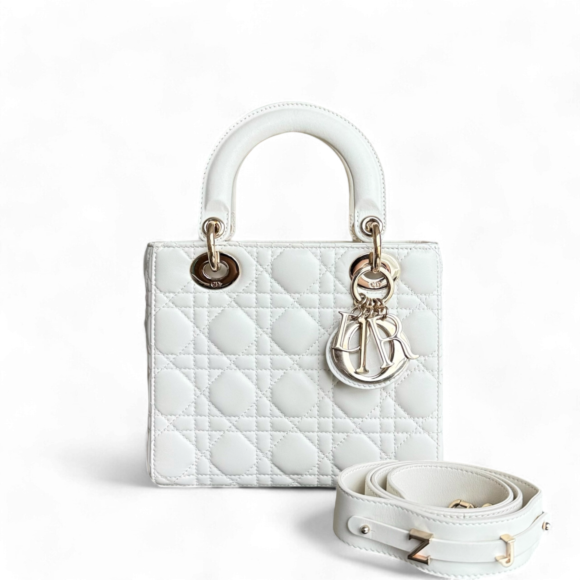 Dior Lady Small ABC - Cannage Lambskin Cream White Gold Hardware ABC Strap