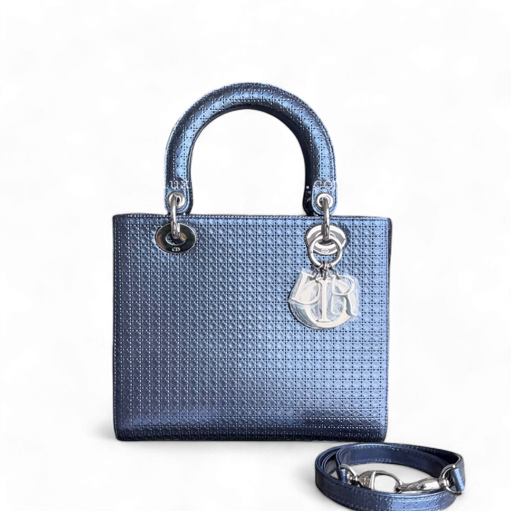 Dior Lady Medium - Metallic Micro-Cannage Blue Silver Hardware