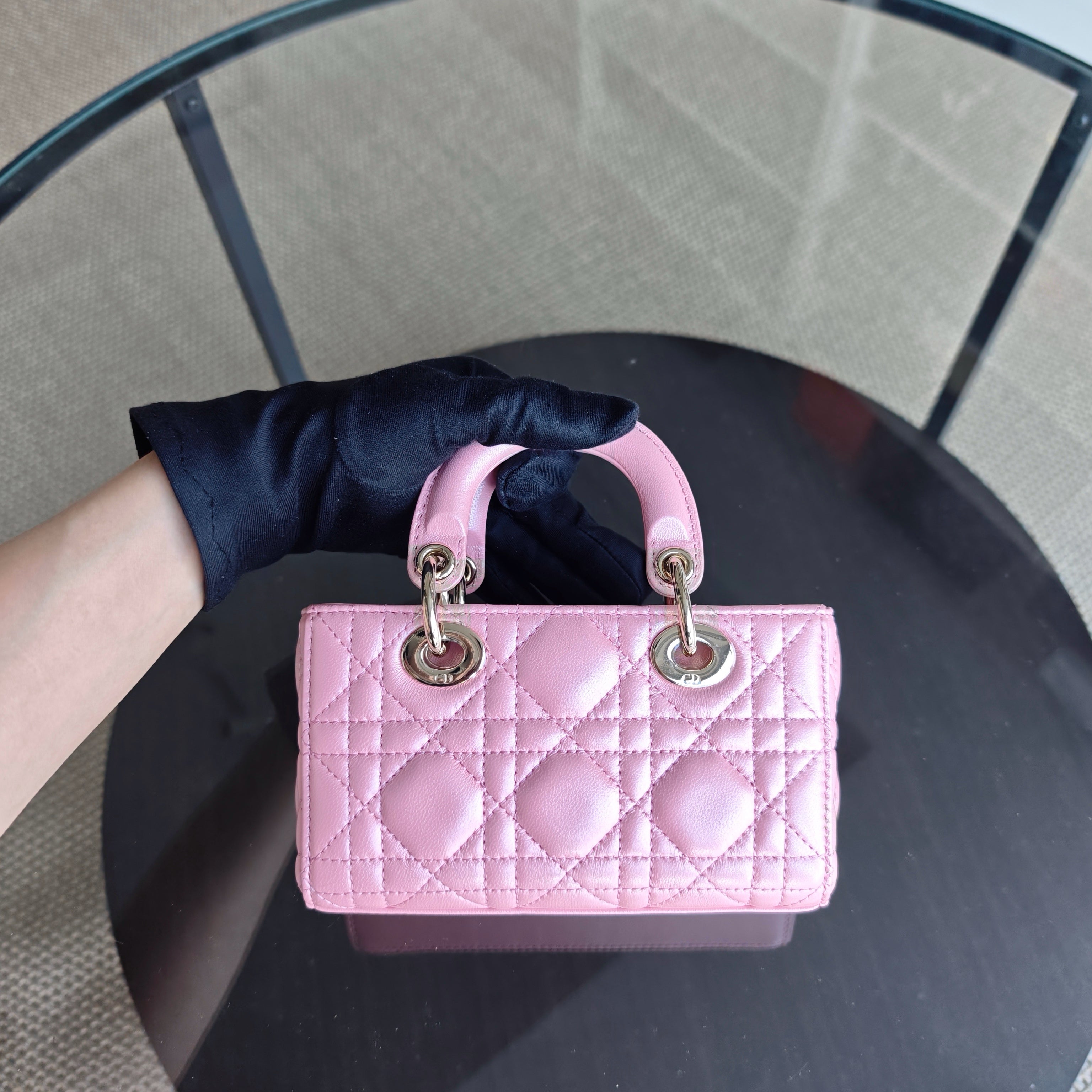 Dior D-Joy Micro - Cannage Lambskin Iridescent Pink Gold Hardware 17CM