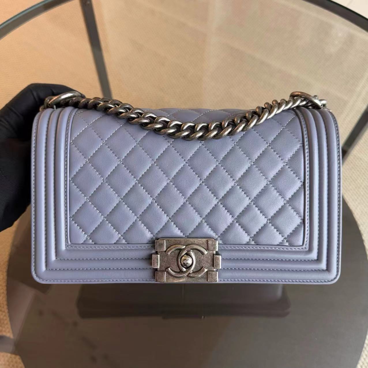 Chanel Boy Medium - Lambskin 25CM Quilted Purple Blue Ruthenium Silver Hardware Series 15