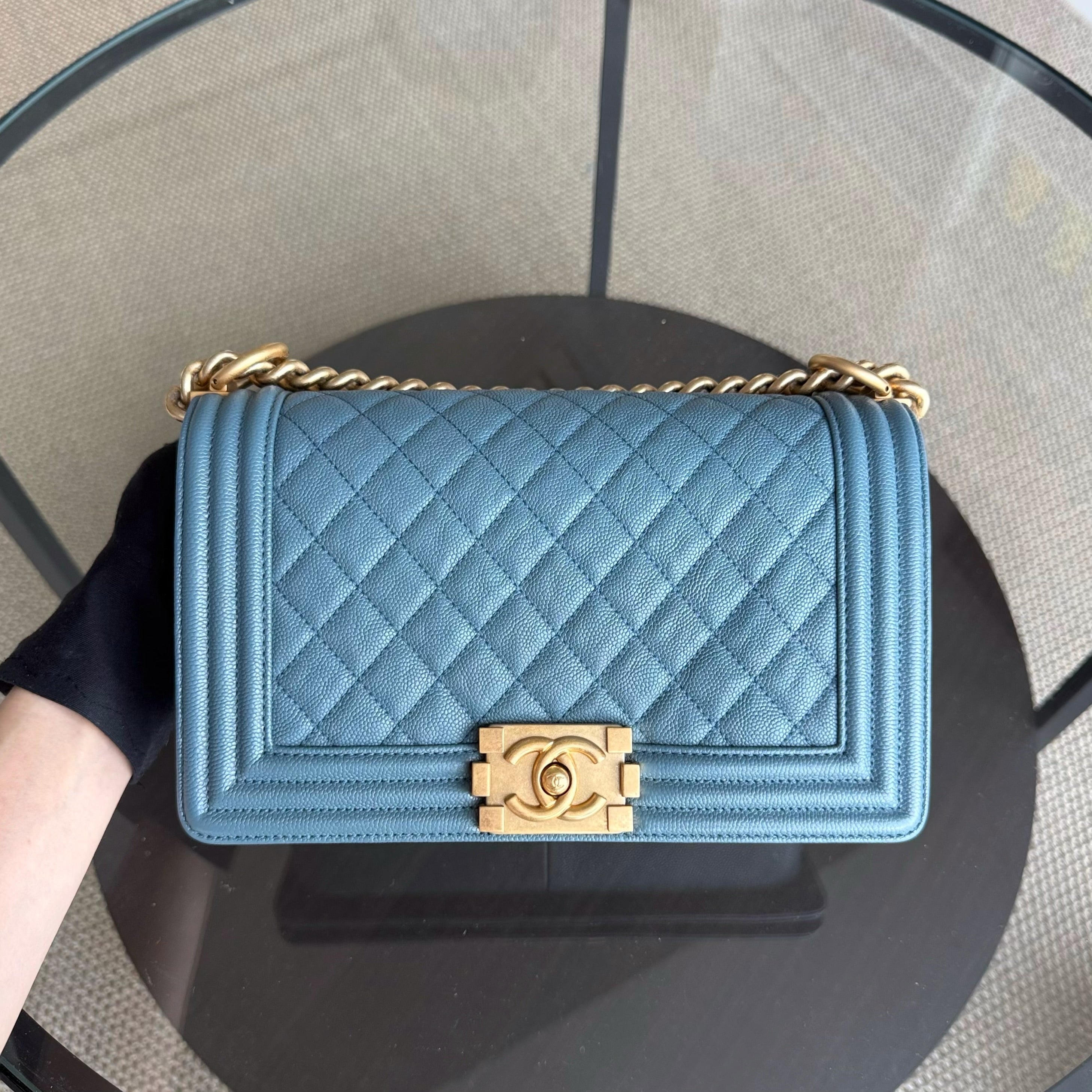 Chanel Boy Medium - Caviar 25CM Quilted Blue Gold Hardware 25