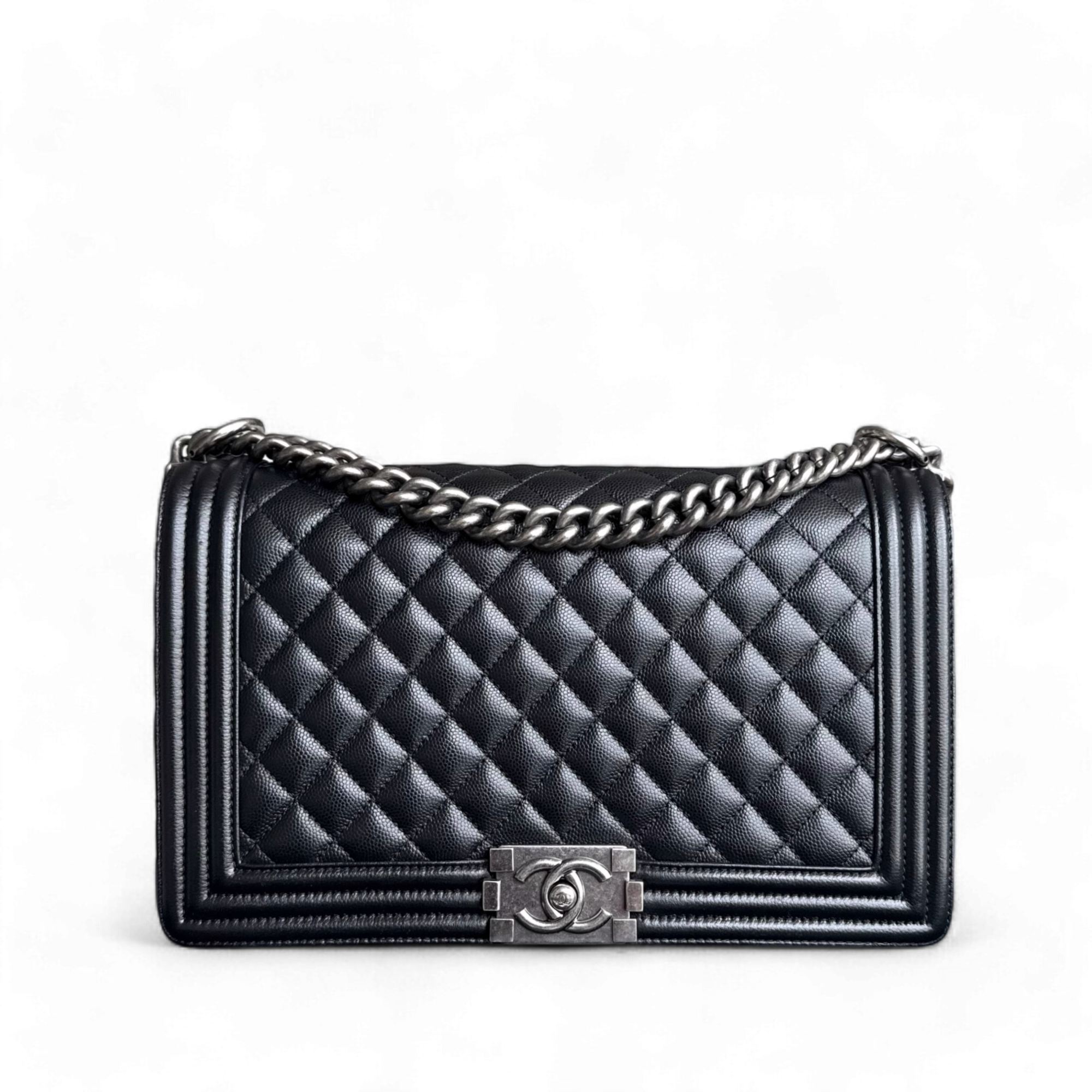 Chanel Boy Medium - Caviar 28CM Quilted Black Ruthenium Silver Hardware Series 28