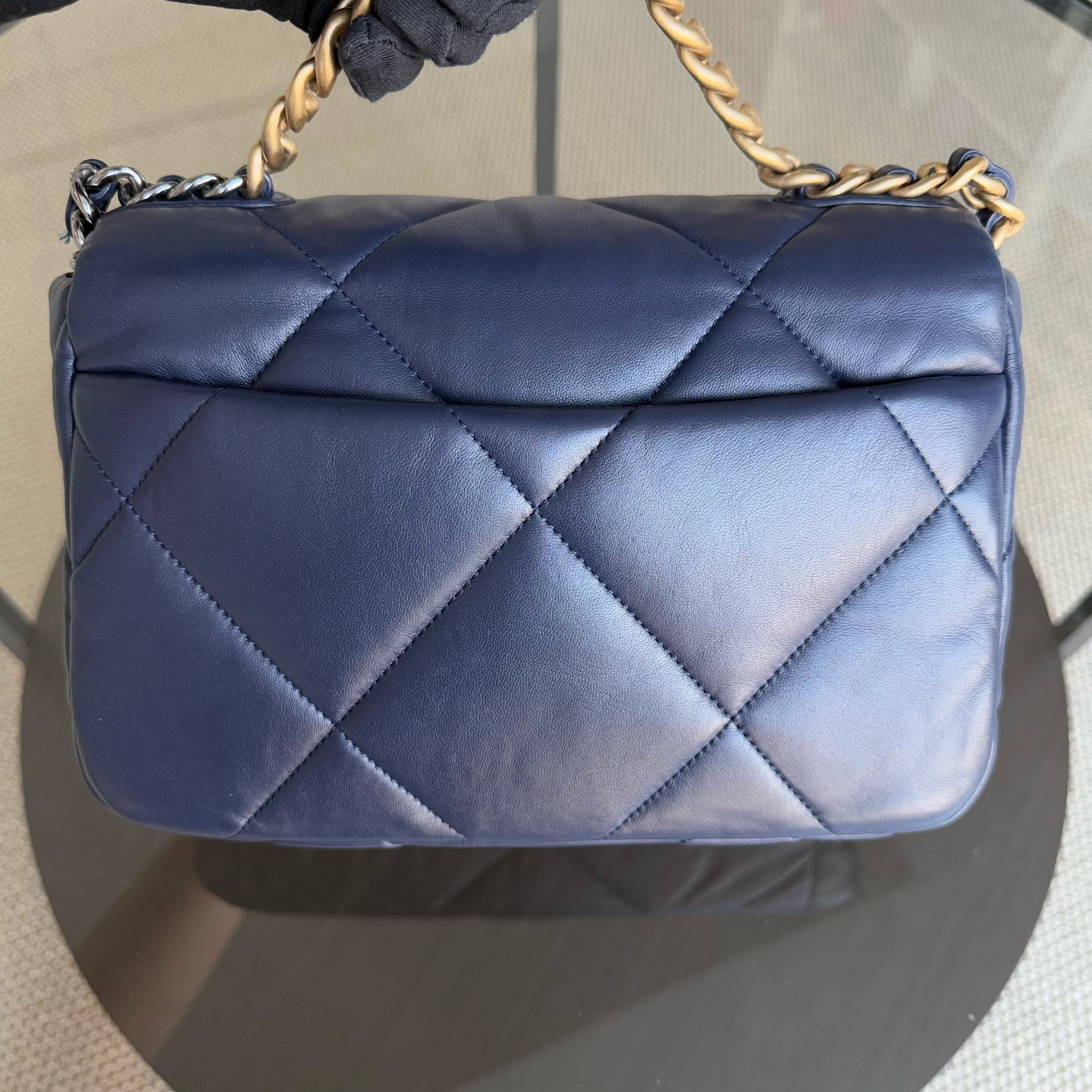 Chanel 19 Bag Small - C19 Quilted Goatskin Dark Navy Blue Two-tone Hardware Series 31