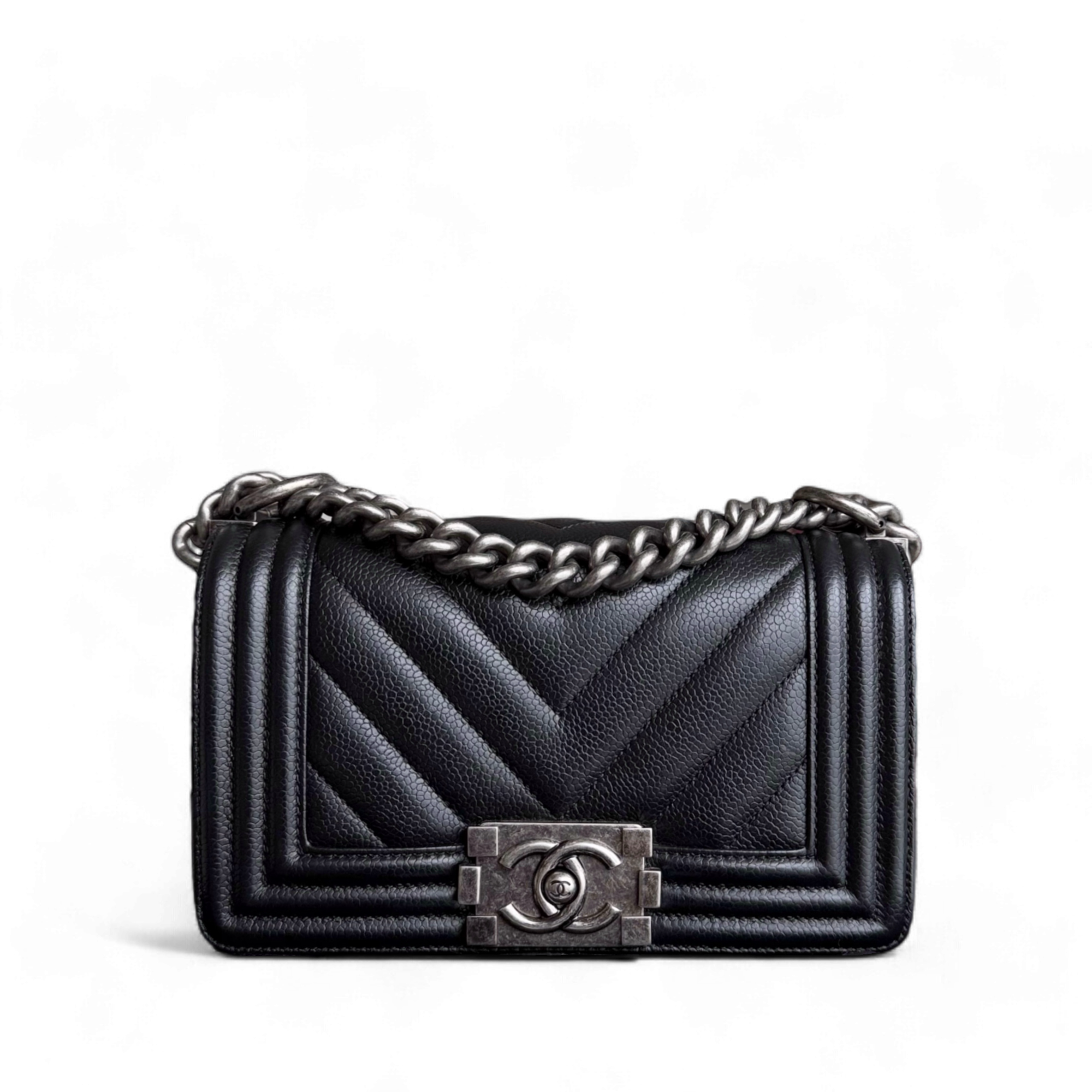 Chanel Boy Small - Caviar 20CM Chevron Black Ruthenium Silver Hardware Series 28