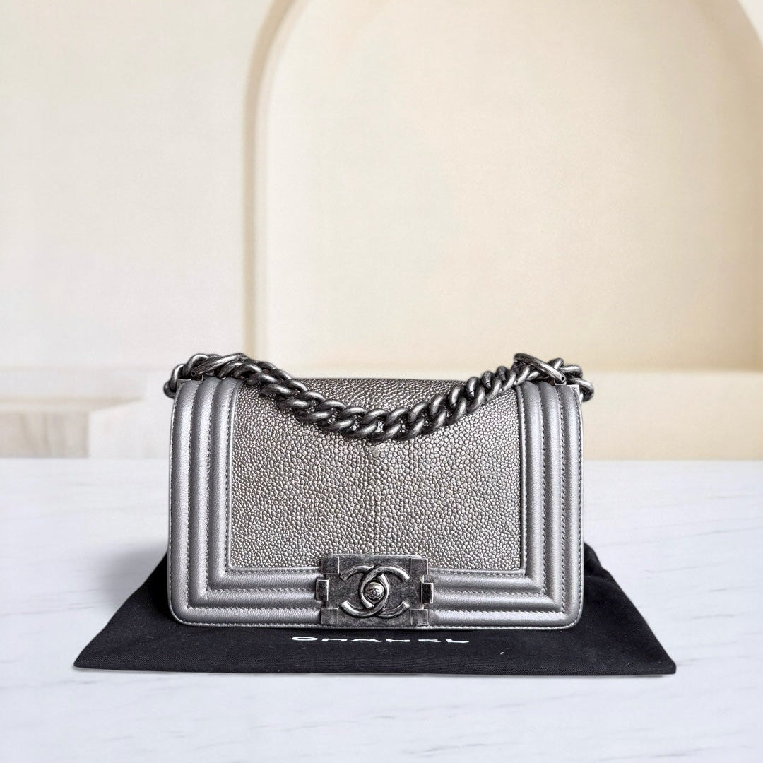 Chanel Boy Small - Stingray Pink Ruthenium Silver Hardware Series 20