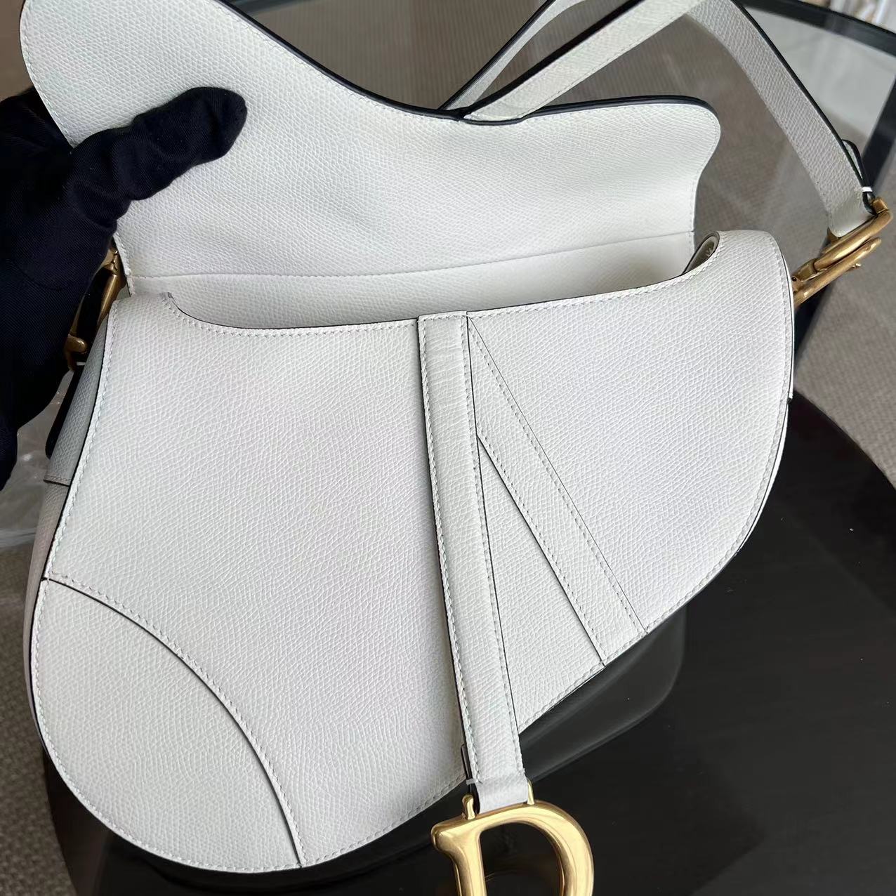 Dior Saddle Medium 25CM Grained Calfskin White GHW