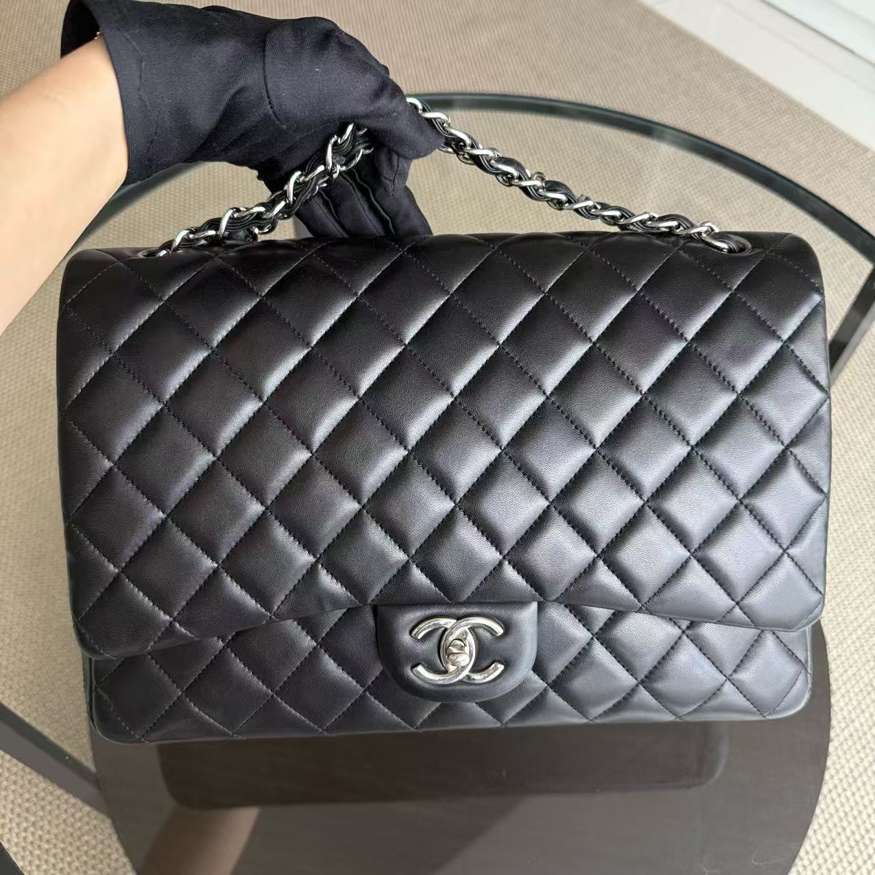 Chanel Classic Flap Maxi - 33CM Double Flap Quilted Lambskin Black Silver Hardware Series 16