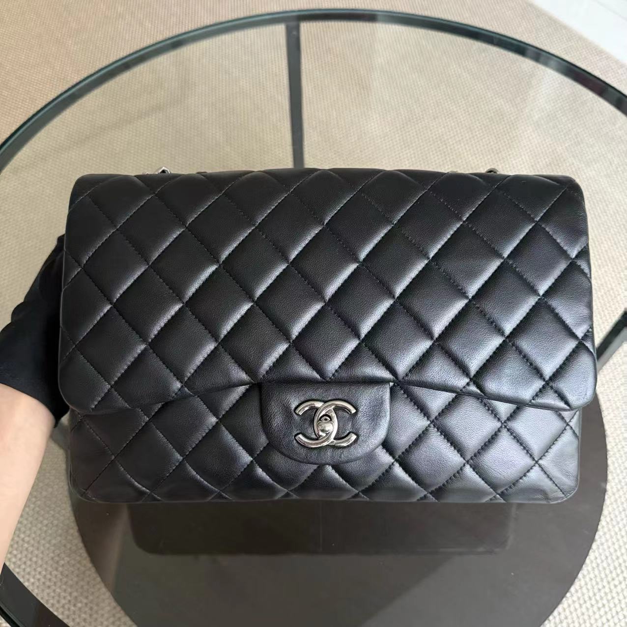 Chanel Classic Flap Jumbo - Single Flap Quilted Lambskin 30CM Black Silver Hardware Series 13