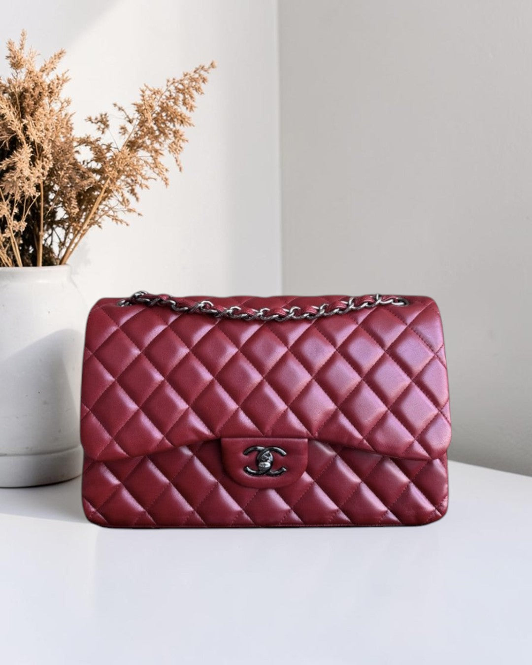 Chanel Classic Flap Jumbo - Double Flap 30CM Quilted Lambskin Dark Red Silver Hardware Series 15