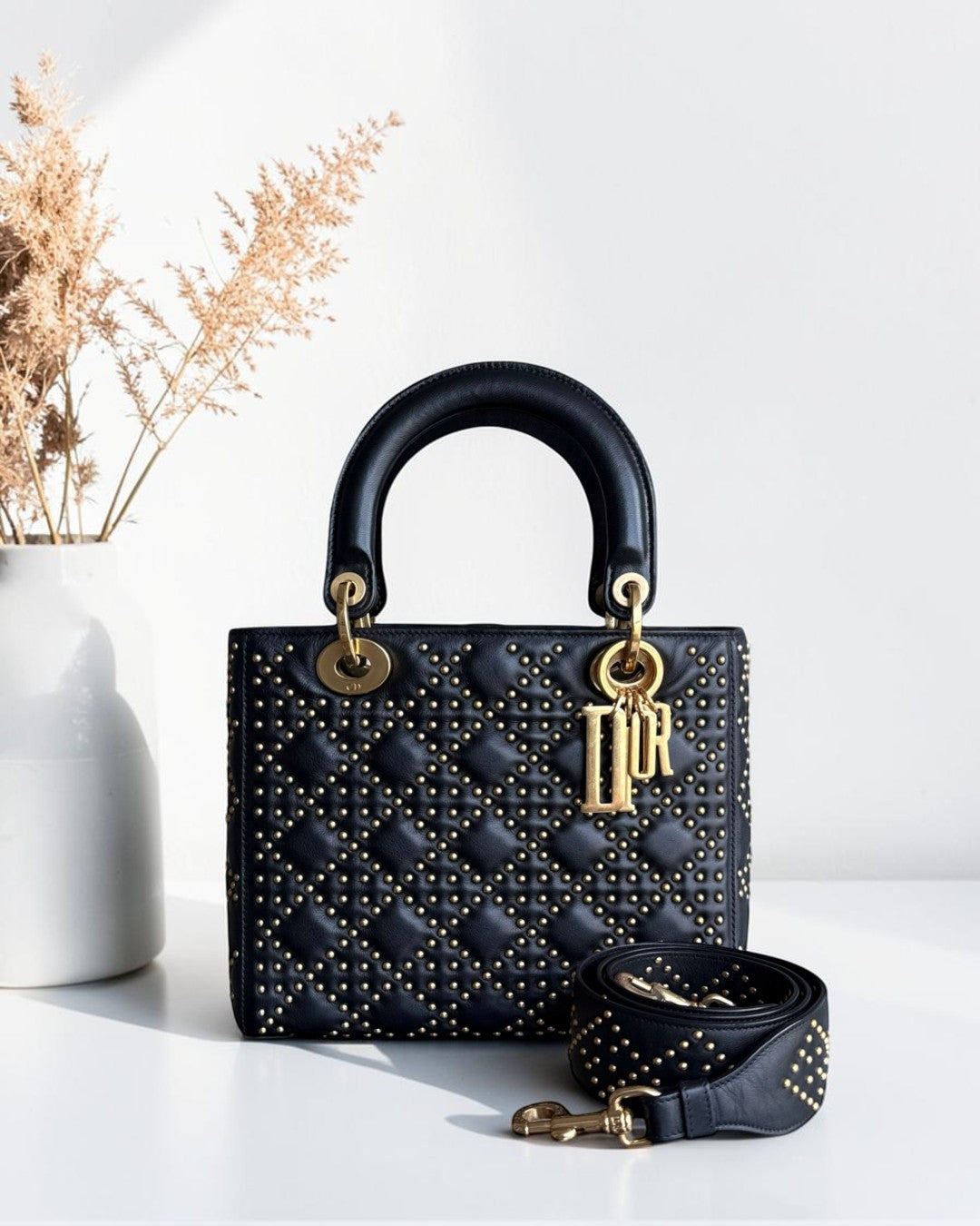 Dior Lady Medium Flap - Studded Cannage Calfskin Black Gold Hardware
