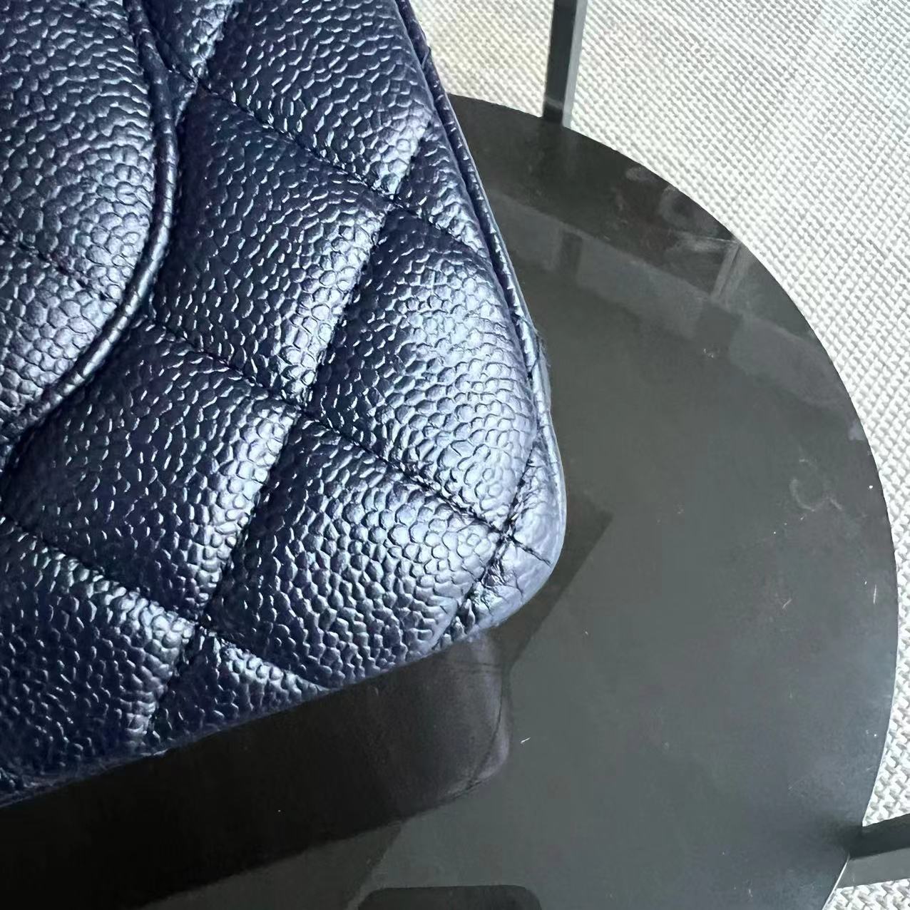 Caviar Jumbo Double Flap Classic Flap Quilted Grained Calfskin Dark Blue Silver Hardware Series 19