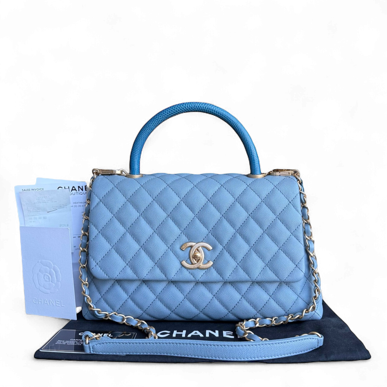 Chanel Coco Handle Medium - Caviar 29CM Quilted Sky Blue Gold Hardware Series 27