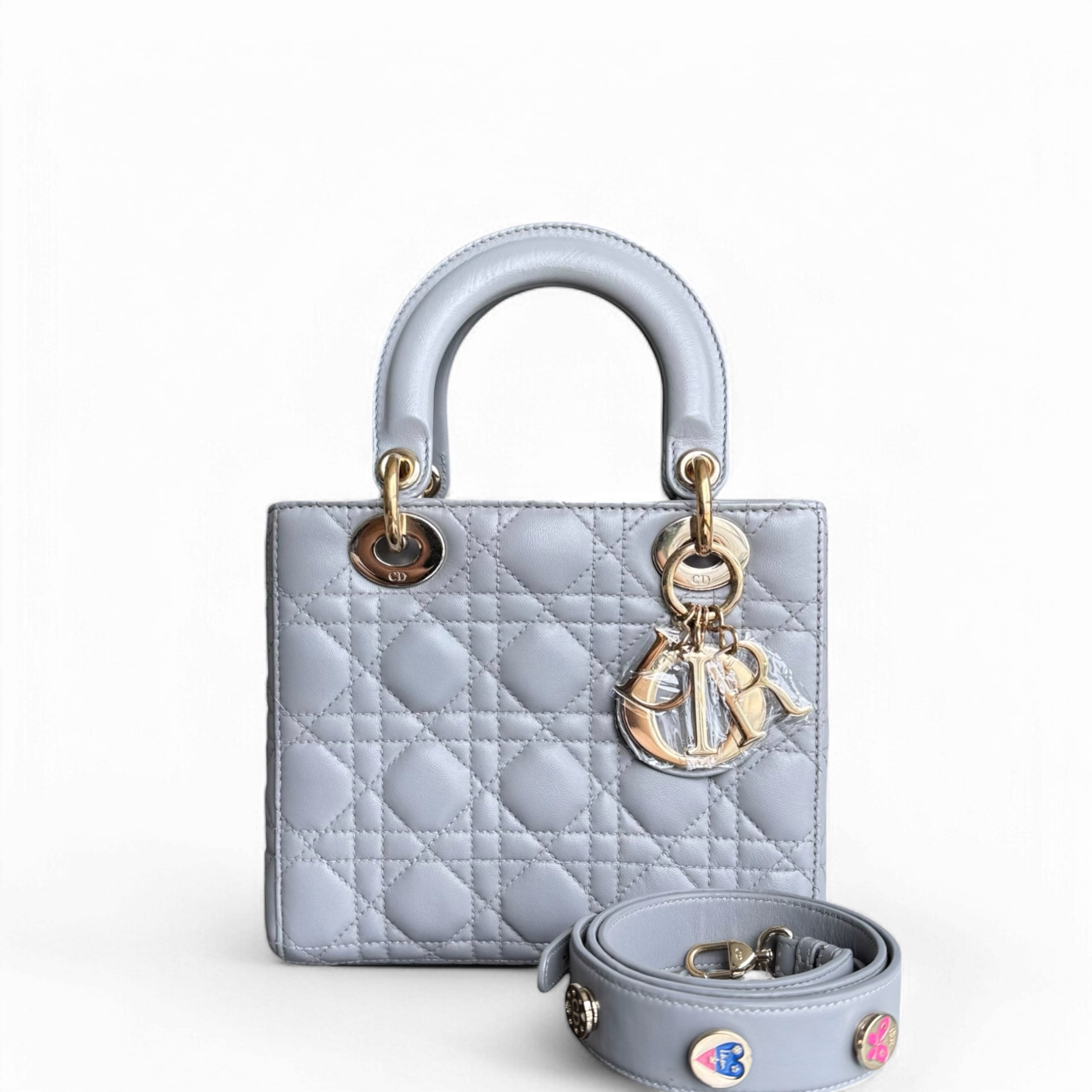 Dior Lady Small - Cannage Lambskin Light Grey Gray Gold Hardware