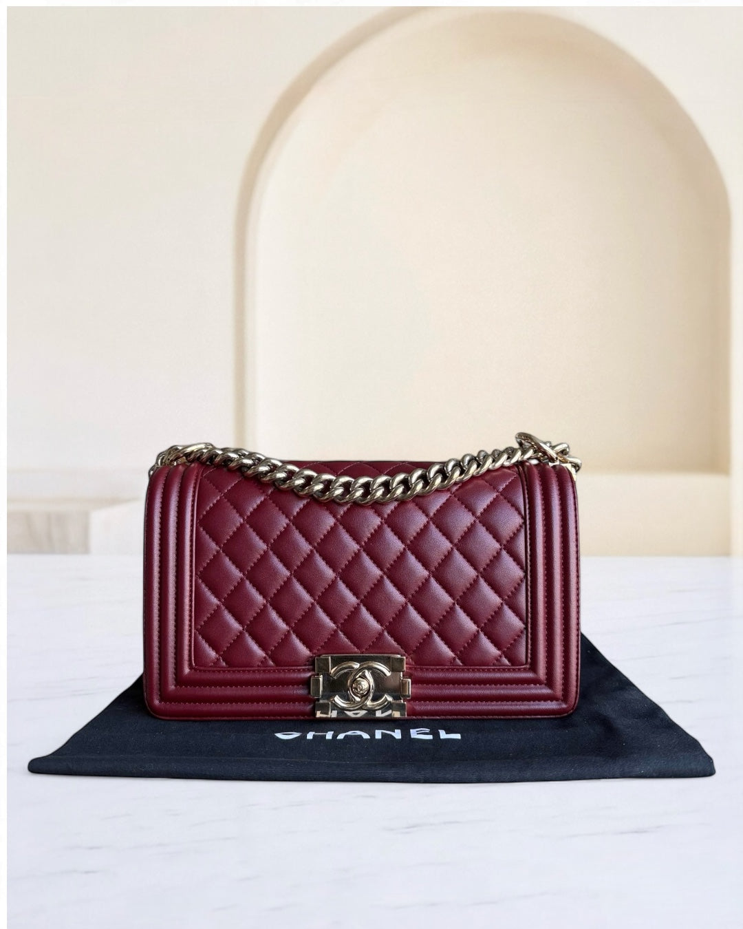 Chanel Boy Medium - 25CM Quilted Lambskin Burgundy Red Gold Hardware Series 22