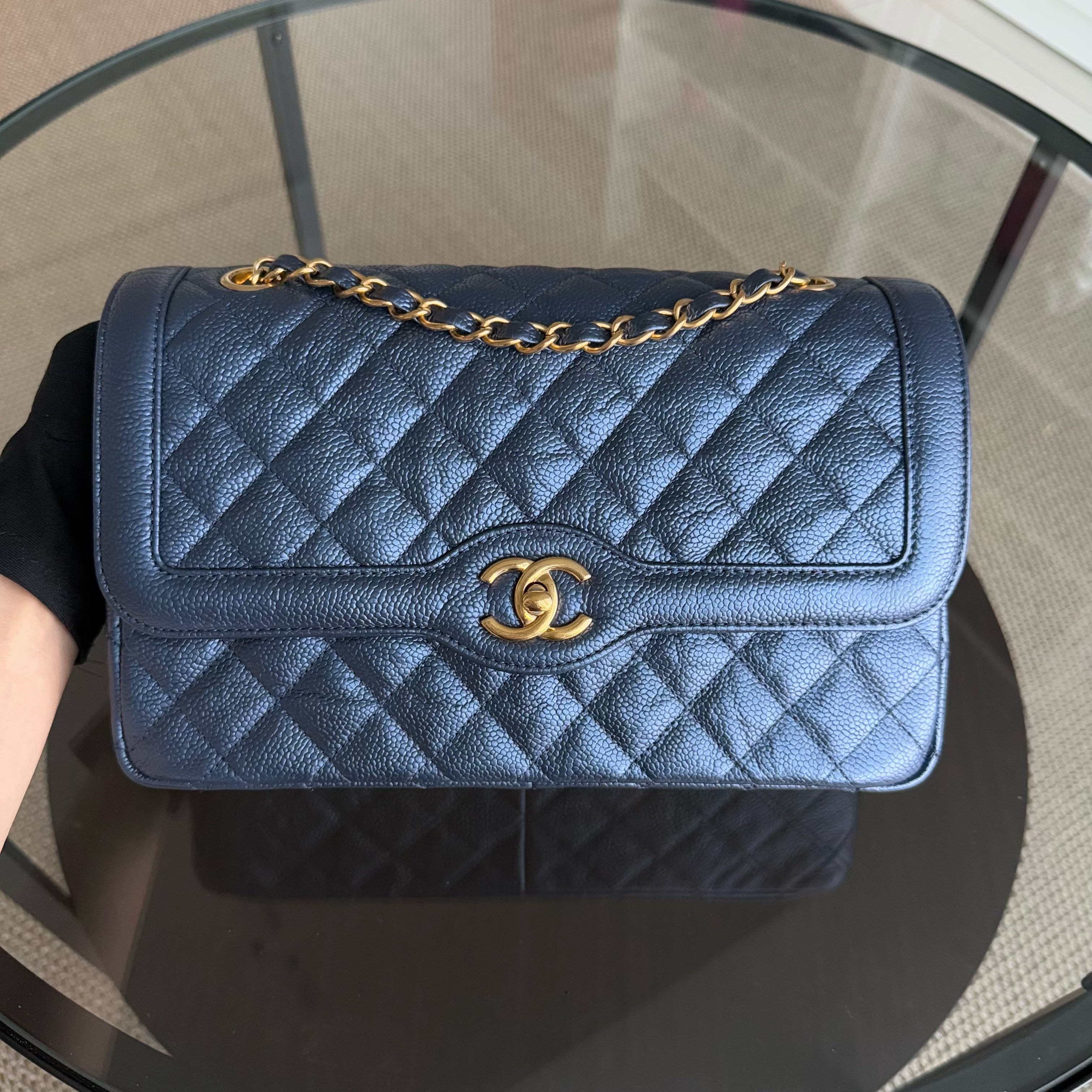 Chanel Crumpled Two Tone Flap - Medium Grained Calfskin Navy Blue Gold Hardware Series 21