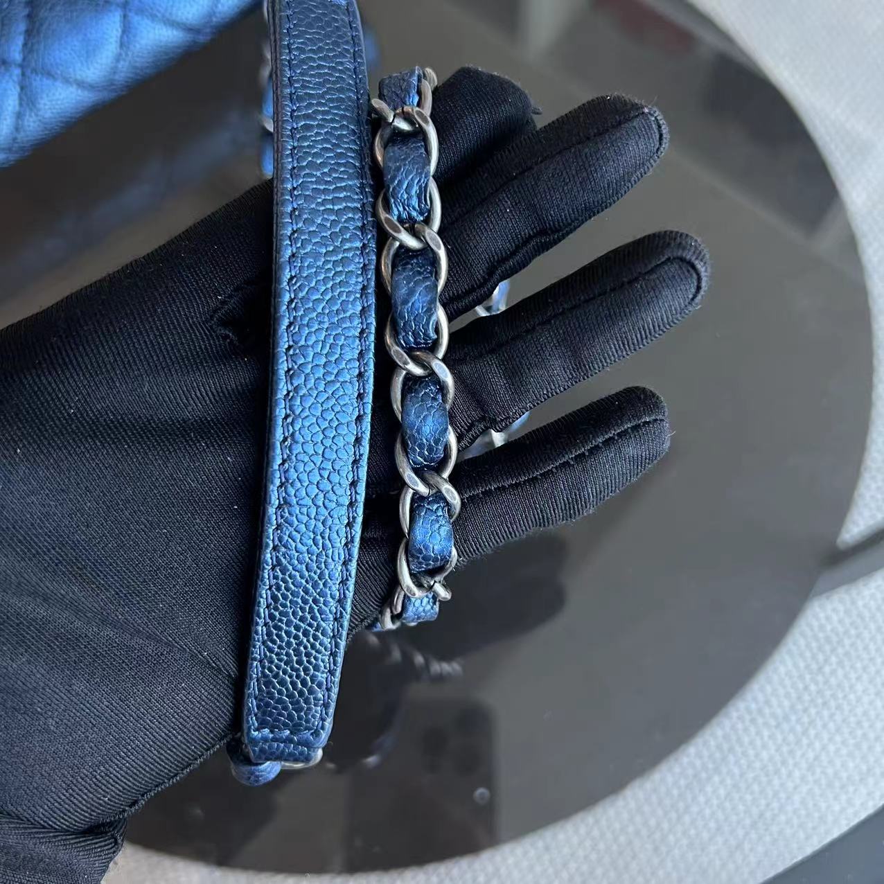 Chanel Caviar Easy Flap Zipper Quilted Calfskin Small Iridescent Blue SHW No 16