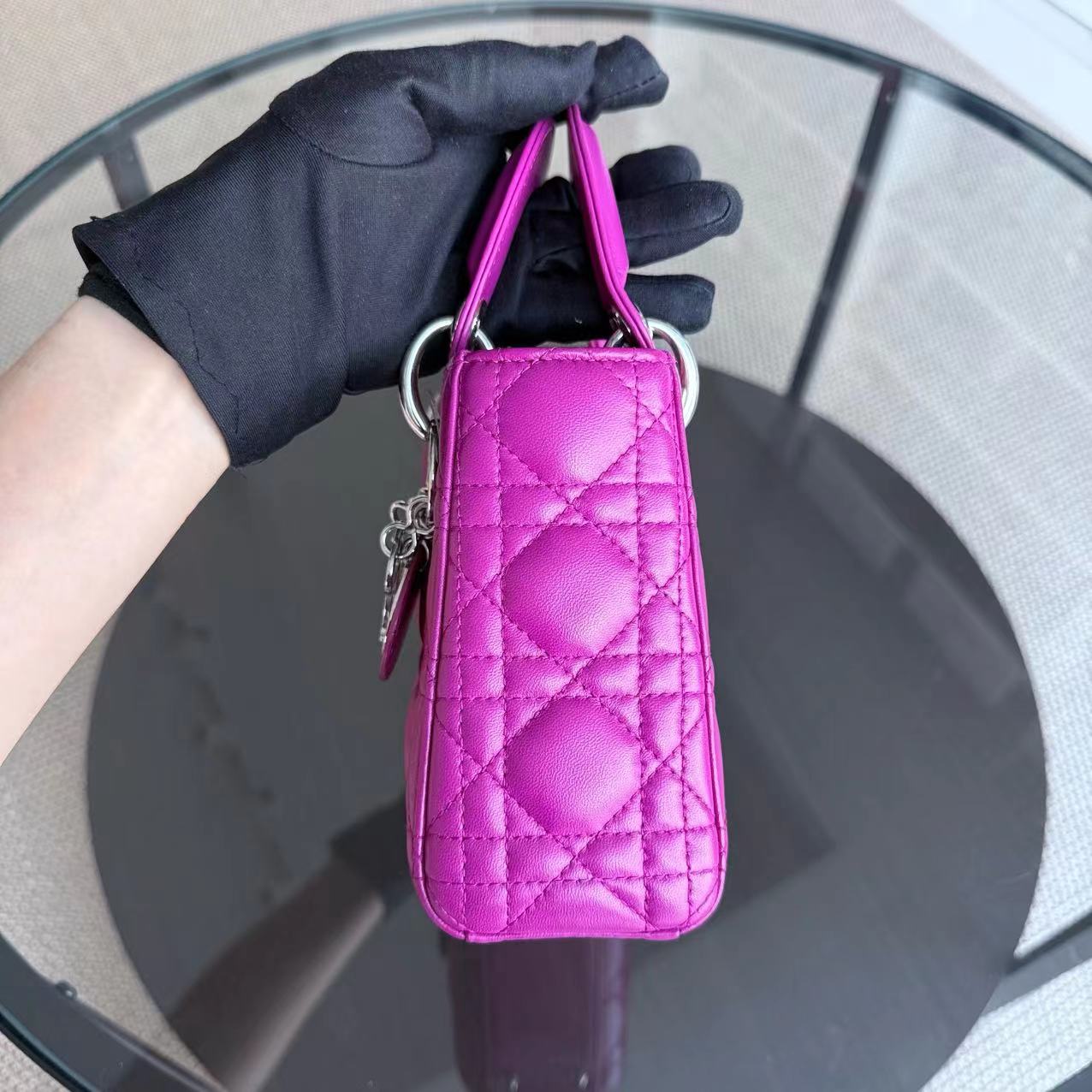 *Full Set Receipt* Dior Lady Mini Cannage Lambskin Purple Violet Silver Hardware Adjustbale Strap