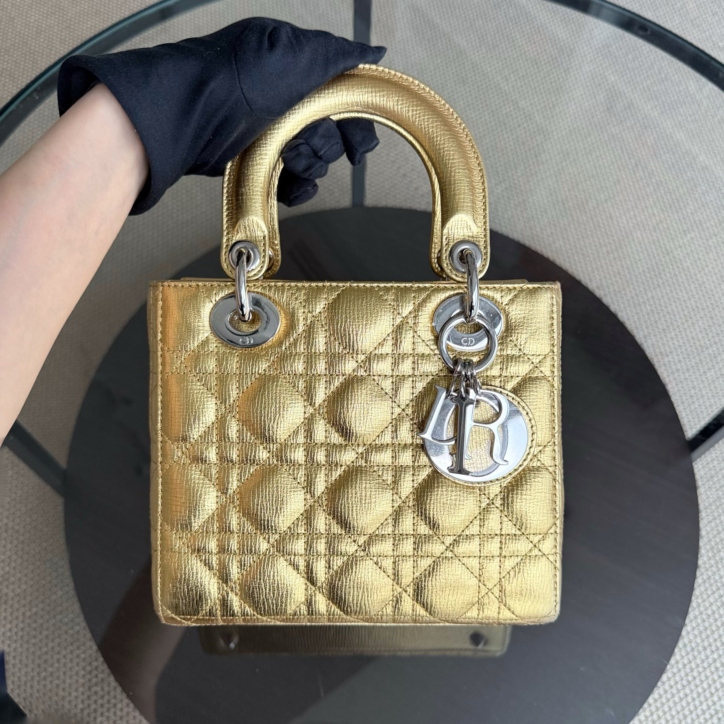 Dior Lady Small - Cannage Metallic Calfskin Gold Silver Hardware
