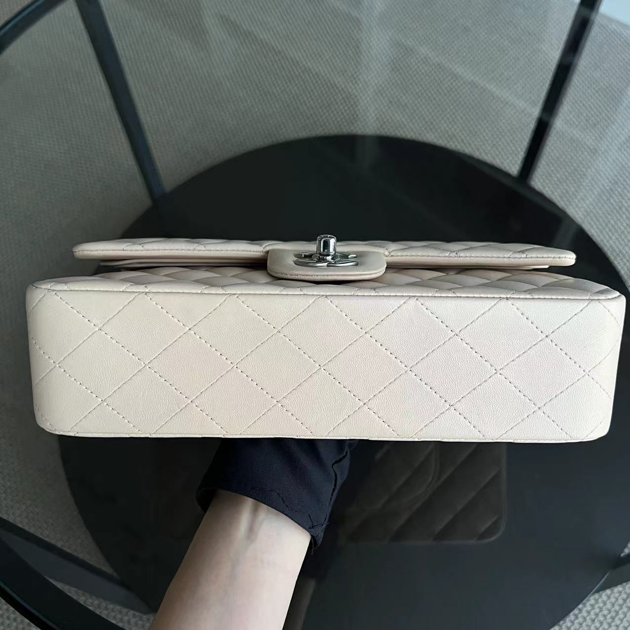 Chanel Medium Classic Flap Double Flap Quilted Lambskin Beige Silver Hardware Series 14