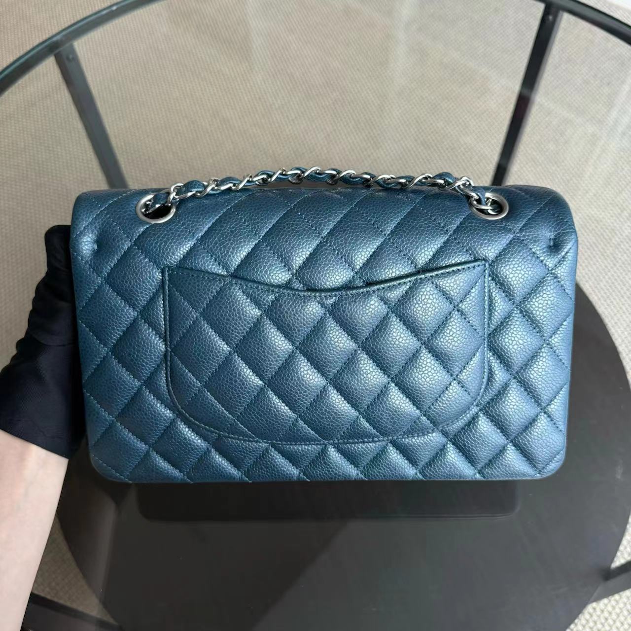 Caviar Medium Classic Flap Quilted Dark Blue Green Silver Hardware Series 20