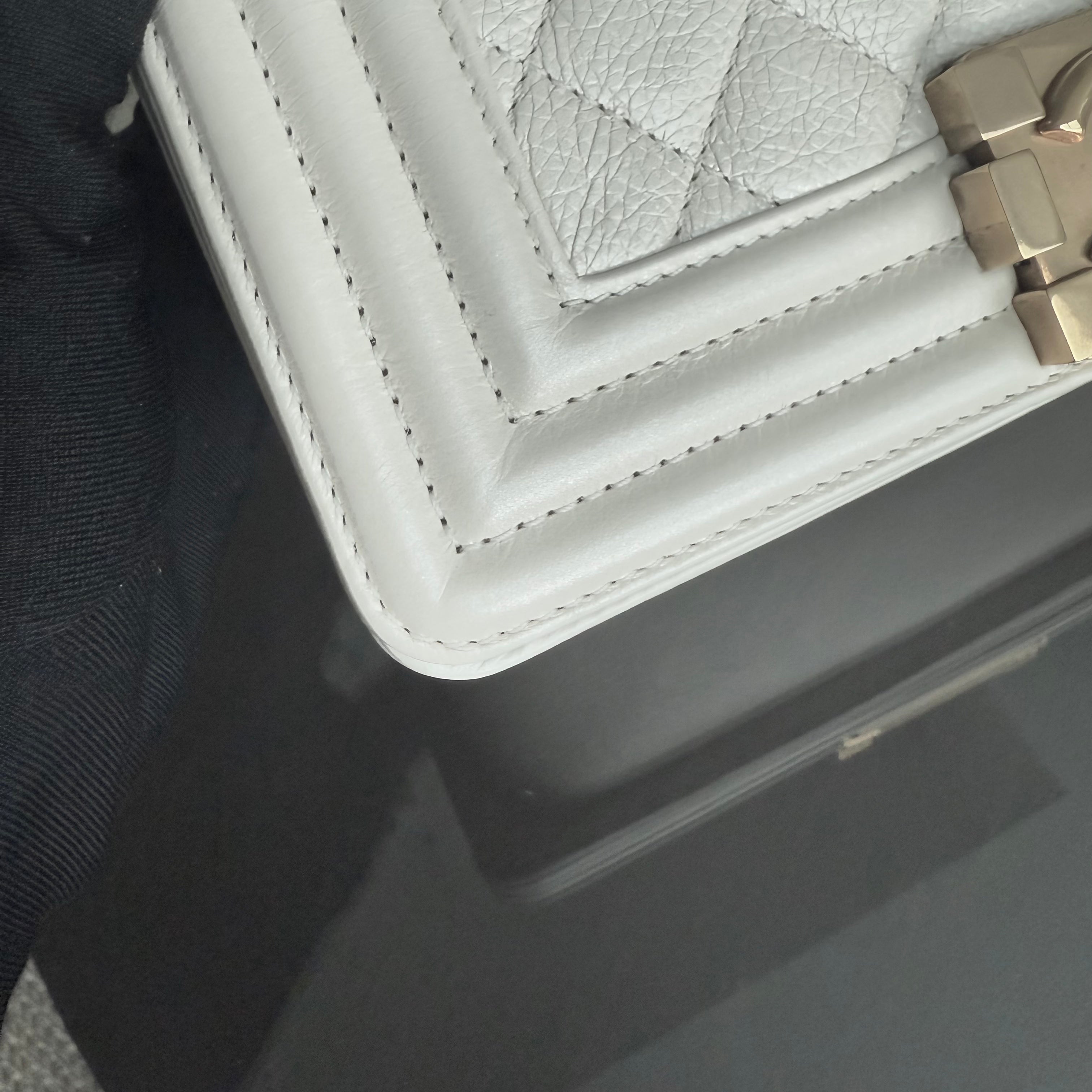 Chanel Boy Small - Grained Calfskin Quilted Cream White Gold Hardware Series 20