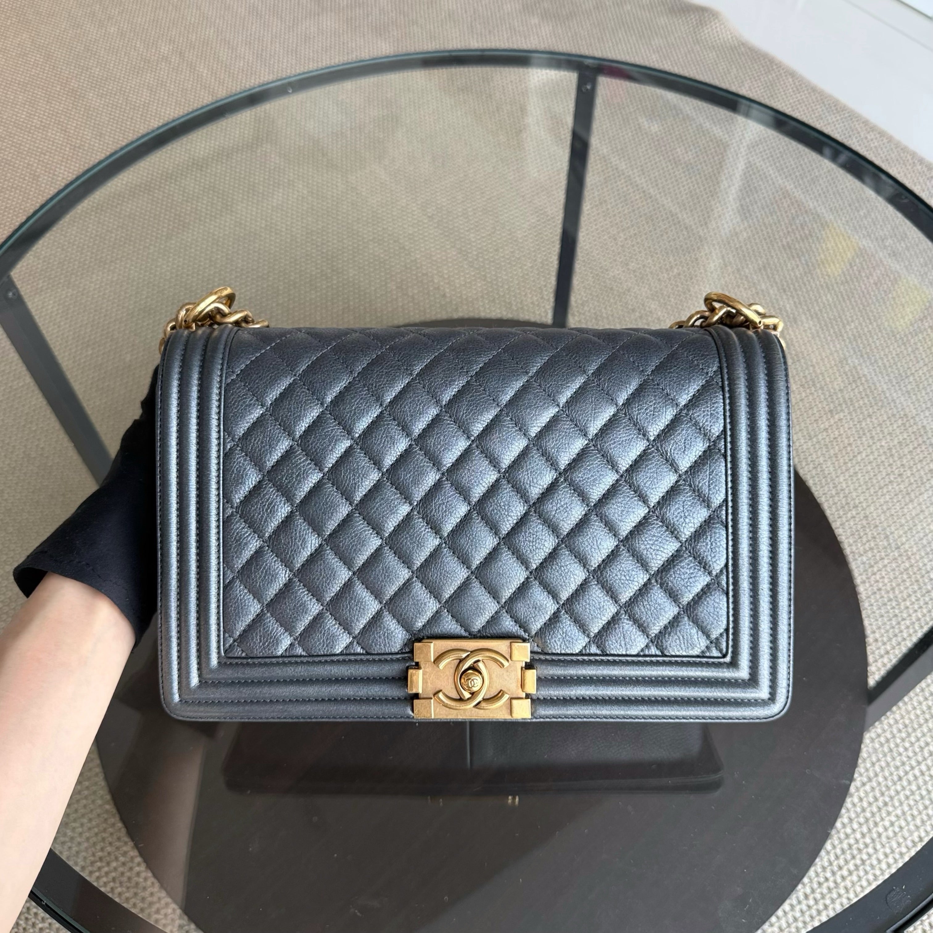 Chanel Boy New Medium - 28CM Quilted Grained Calfskin Dark Gray Ruthenium Gold Hardware Series 20