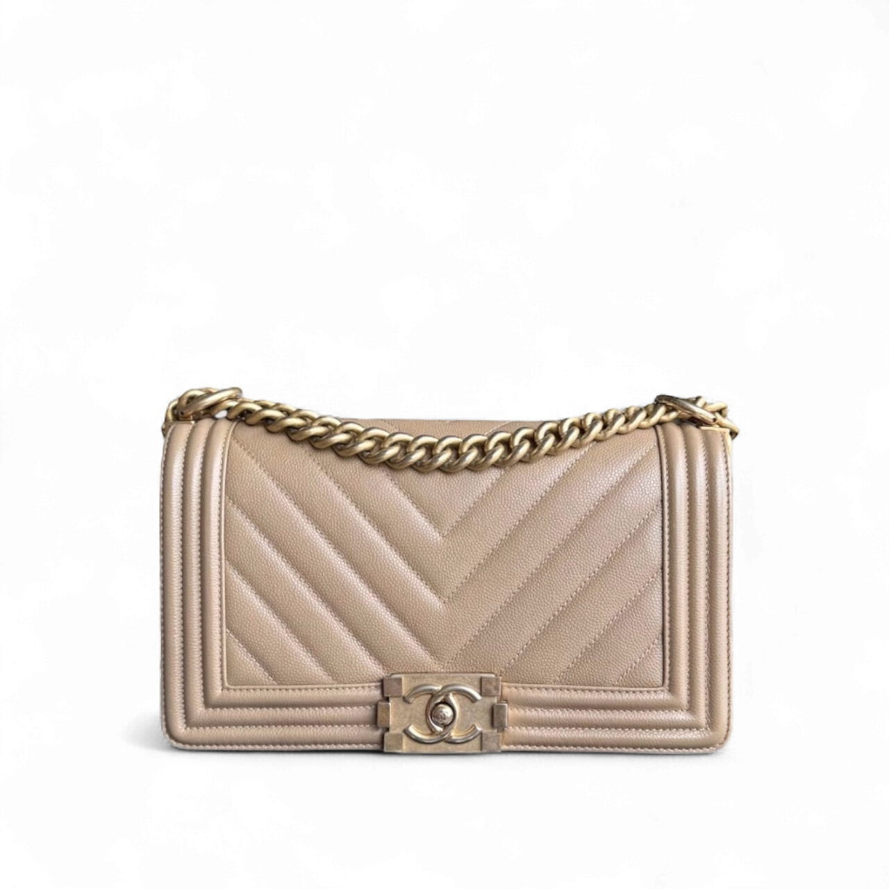 Chanel Boy Medium - Caviar 25CM Chevron Grained Calfskin Beige Gold Hardware Series 25