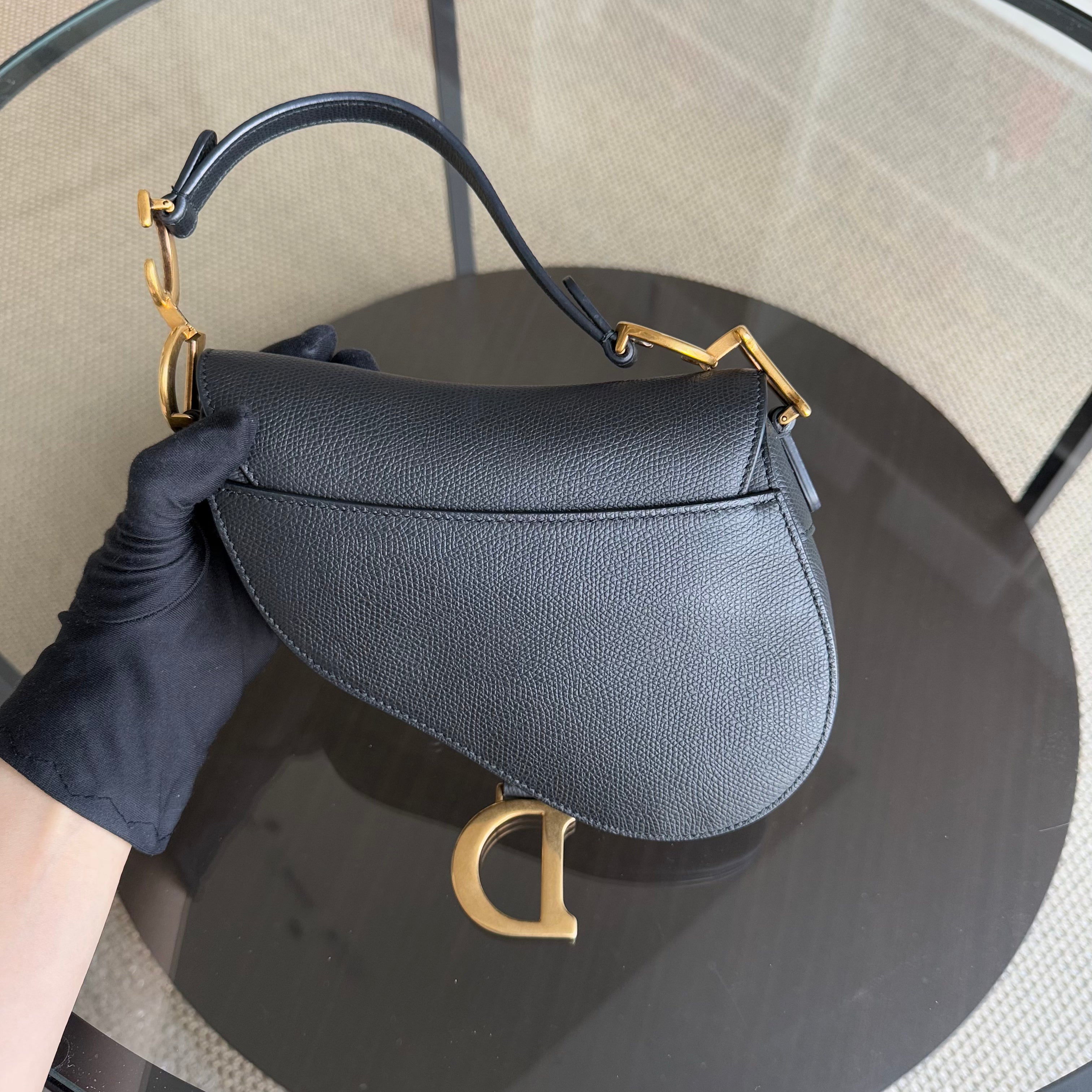 Dior Saddle Mini With Strap - 21CM Grained Calfskin Black Gold Hardware