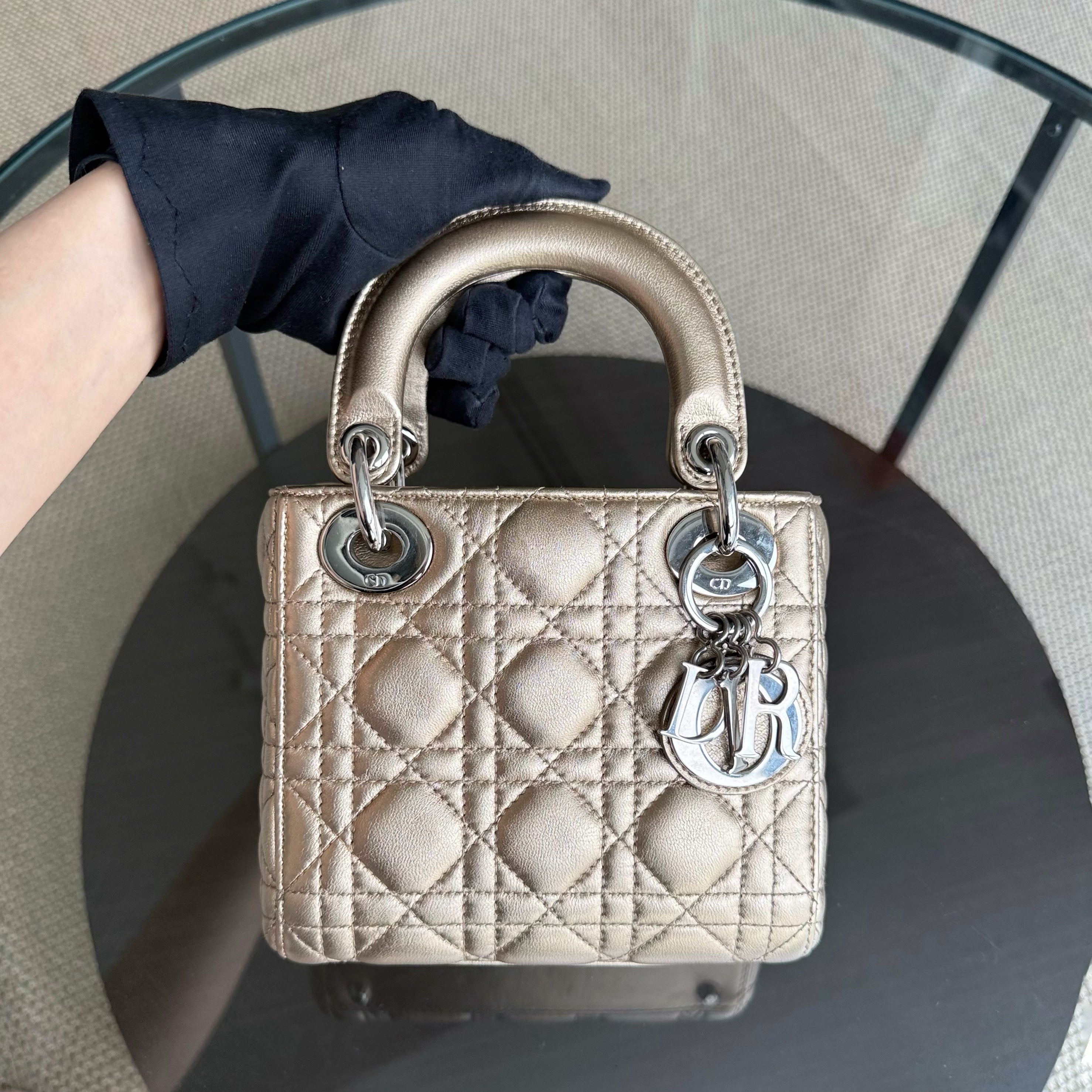 Dior Lady Mini - Cannage Lambskin Gold Silver Hardware Chain Strap