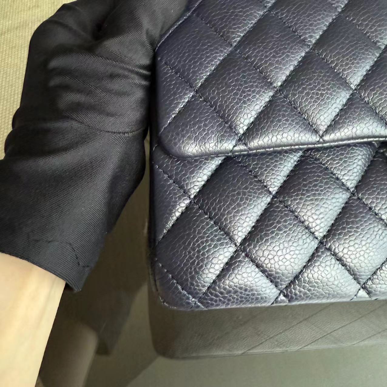 Caviar Medium Classic Flap Quilted Dark Blue Silver Hardware Series 18