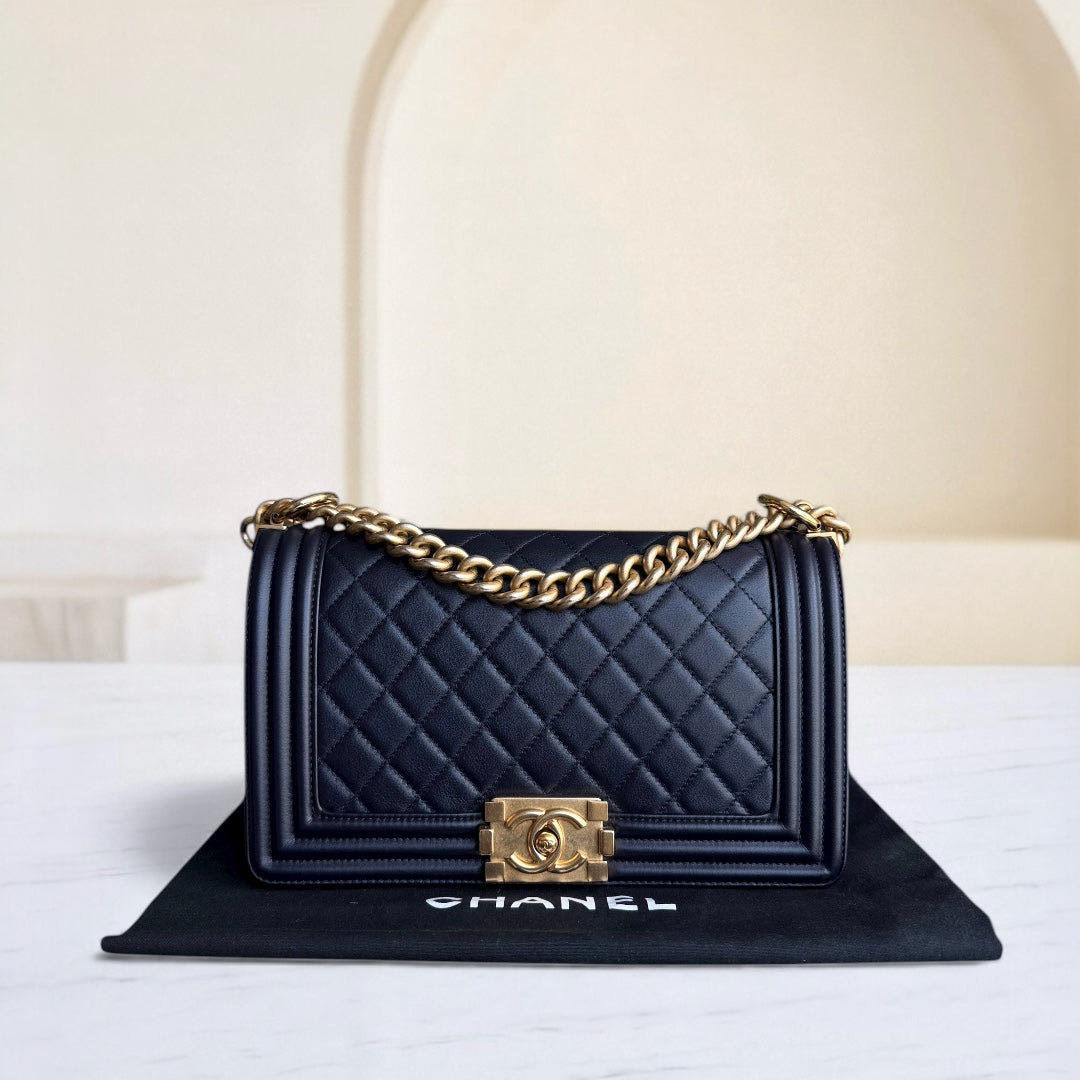 Chanel Boy Medium - Calfskin 25CM Quilted Dark Blue Gold Hardware Series 26