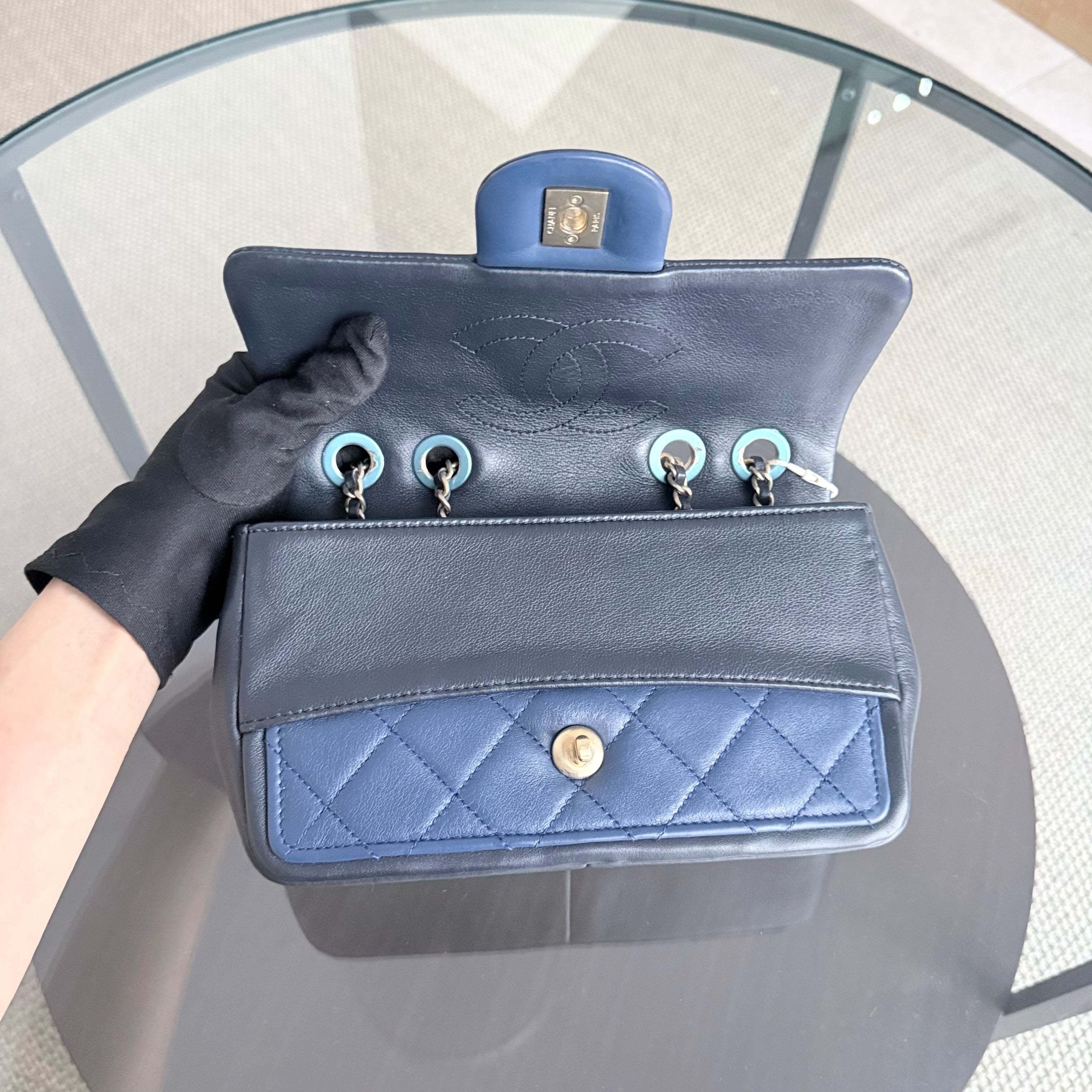 Chanel Seasonal Flap Small - 23CM Quilted Lambskin Bi-Color Blue Black Gold Hardware