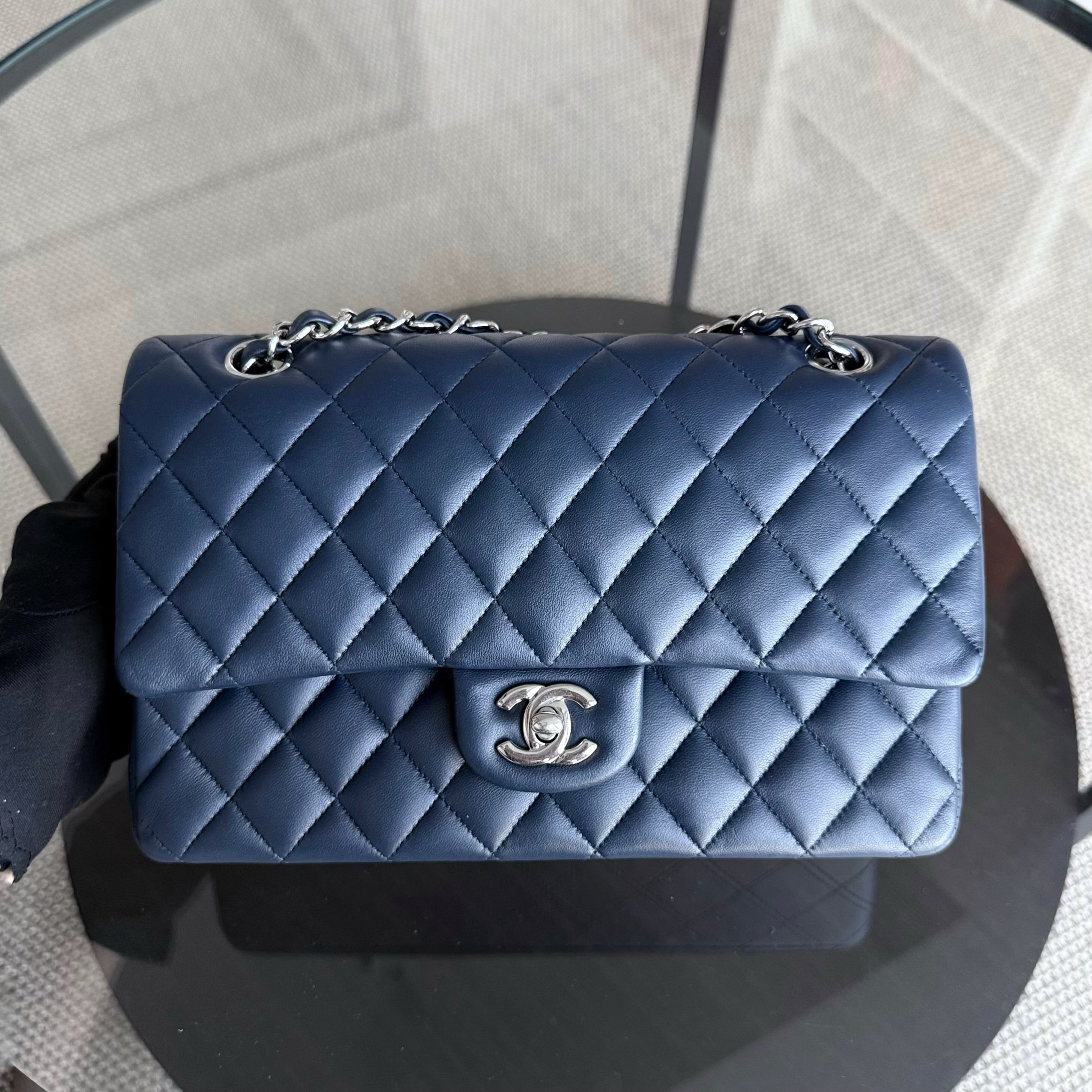 Chanel Classic Flap Medium - 25CM Quilted Lambskin Dark Blue Silver Hardware Series 22