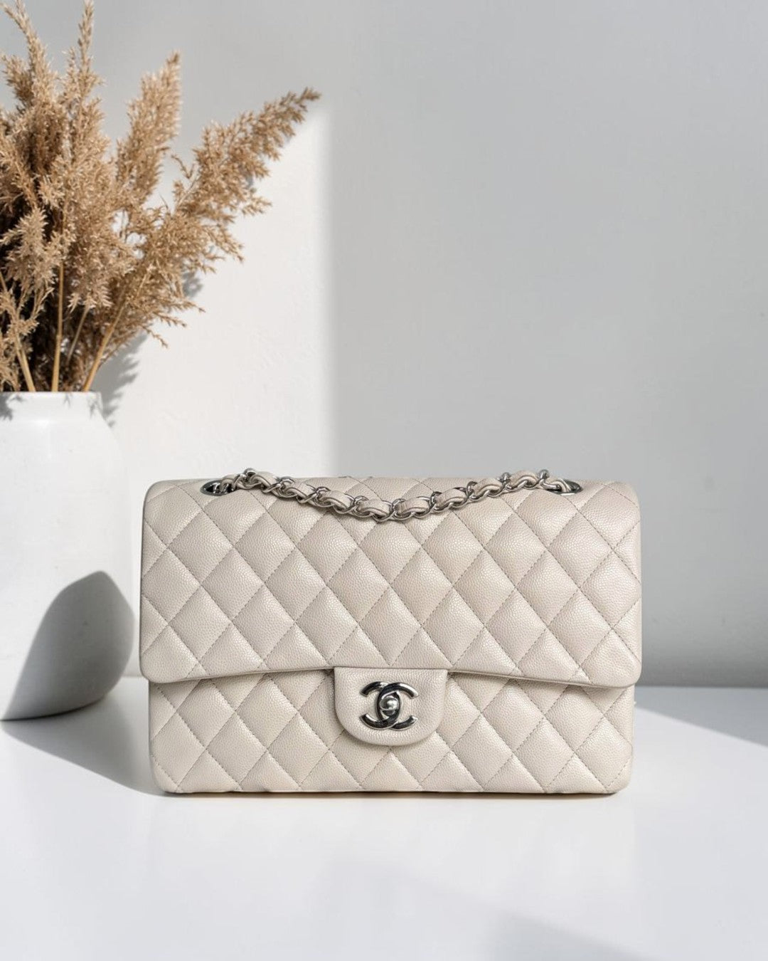 Chanel Classic Flap Medium - Caviar 25CM Quilted Double Flap Light Gray Grey Silver Hardware Series 26