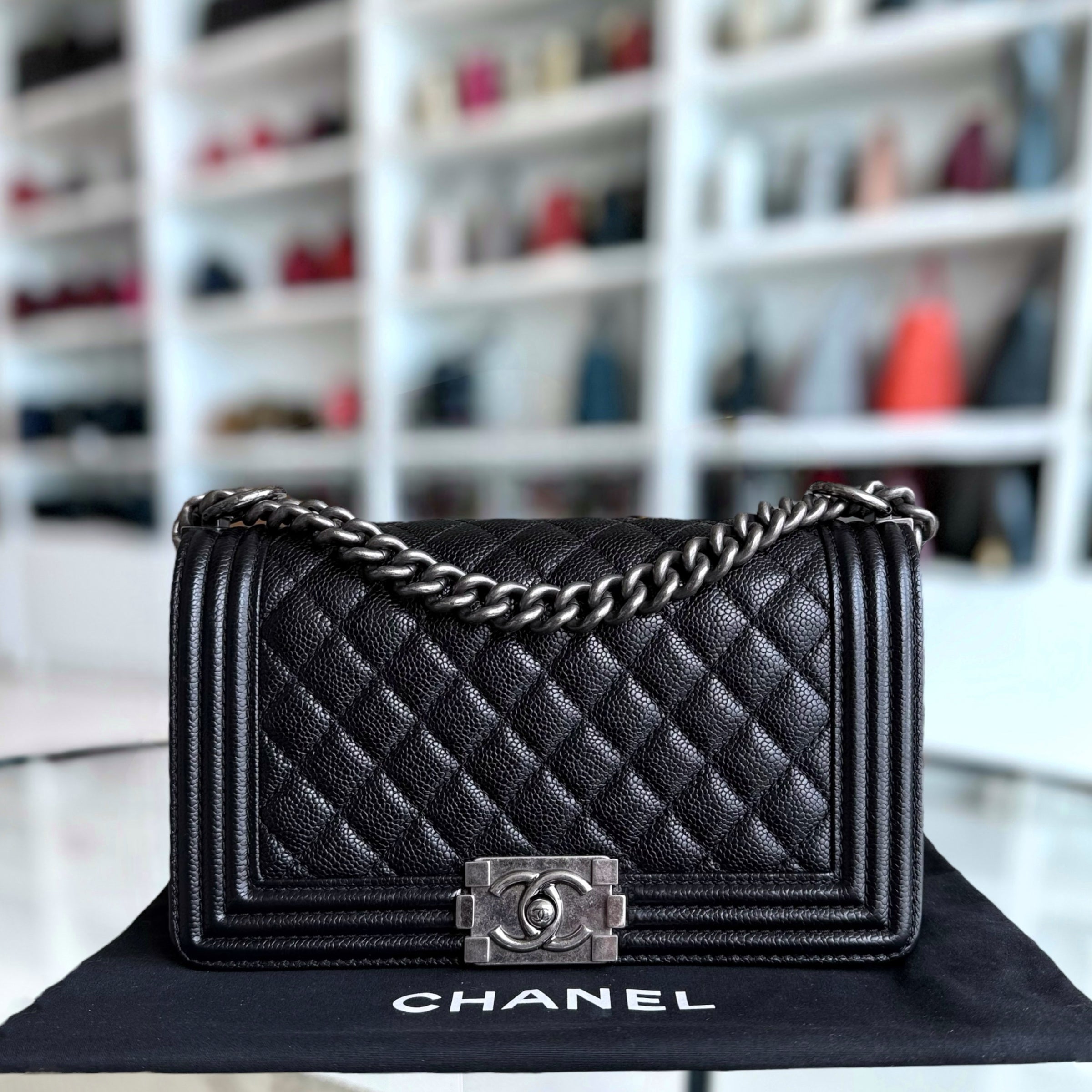 Chanel Boy Medium - Caviar 25CM Quilted Black Ruthenium Silver Hardware Series 19