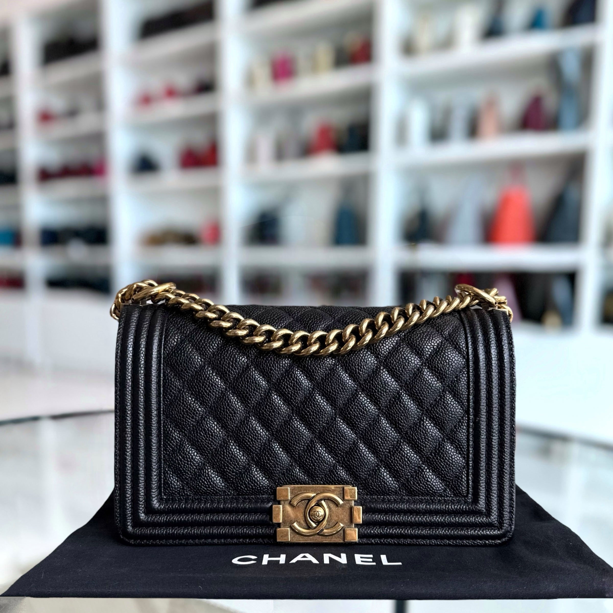 Chanel Boy Medium - Caviar 25CM Quilted Black Ruthenium Gold Hardware Series 20