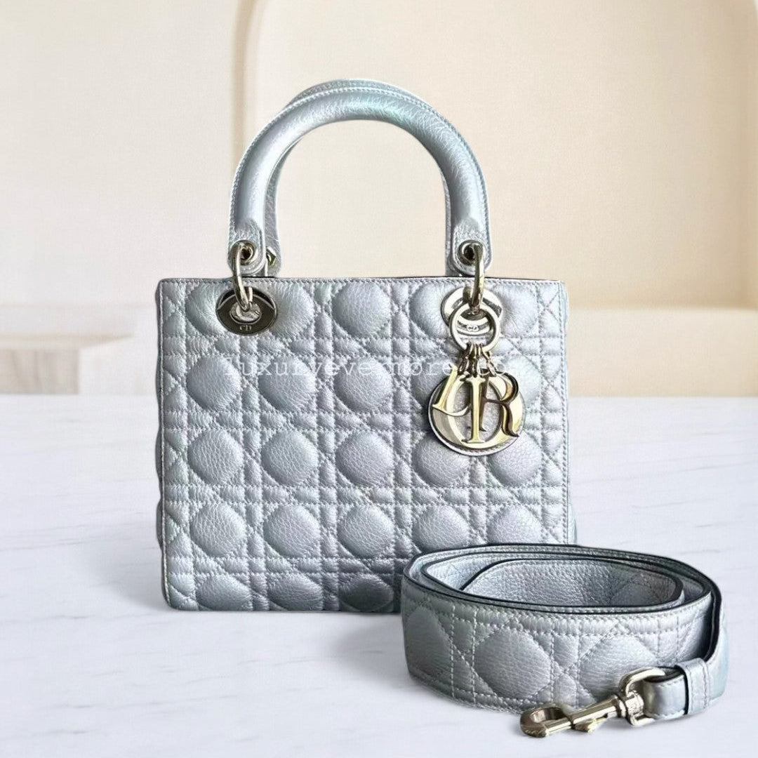 *Flap Open* Dior Lady Medium - Grained Calfskin Metallic Silver Golden Hardware