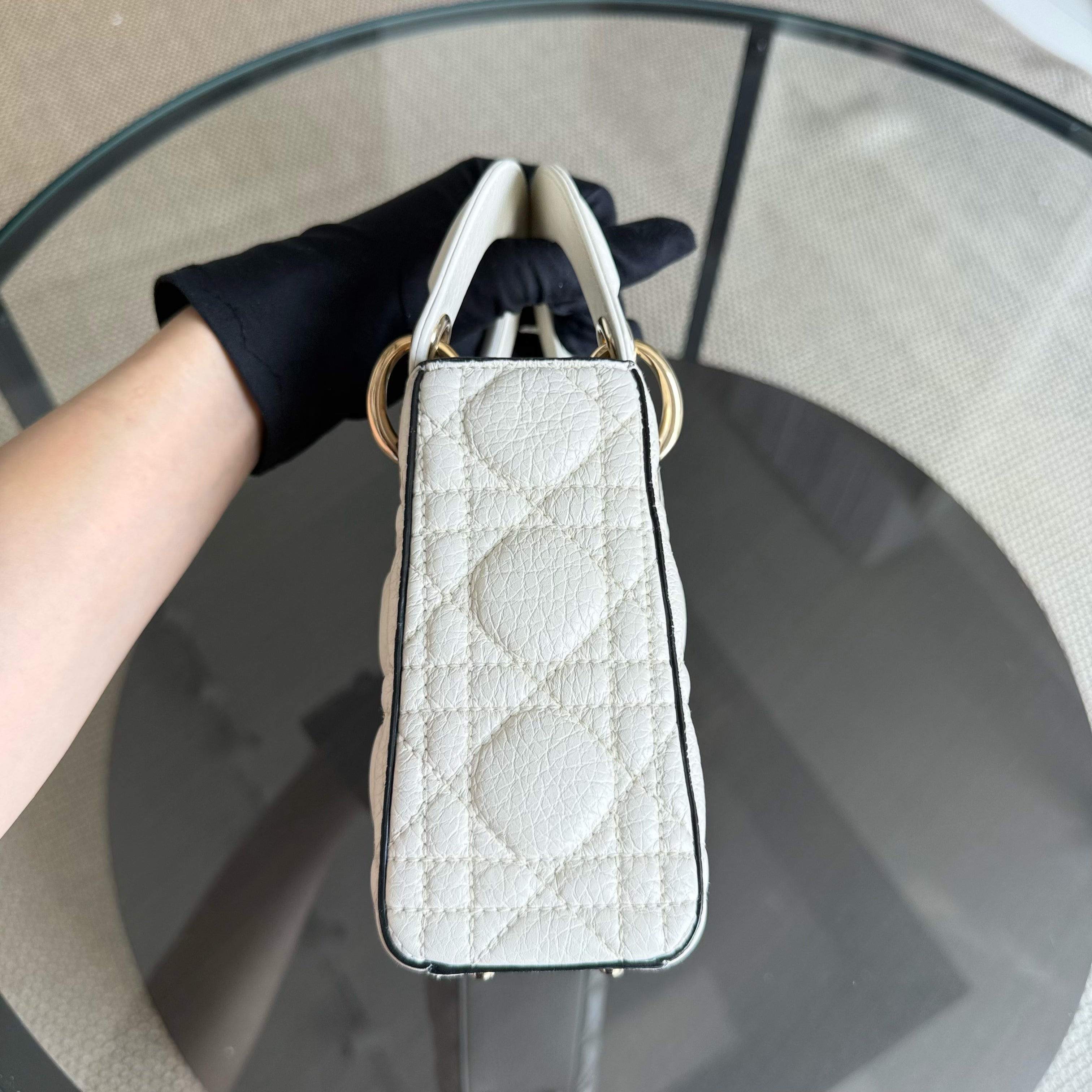 Dior Lady Mini - Grained Calfskin Cannage White Gold Hardware