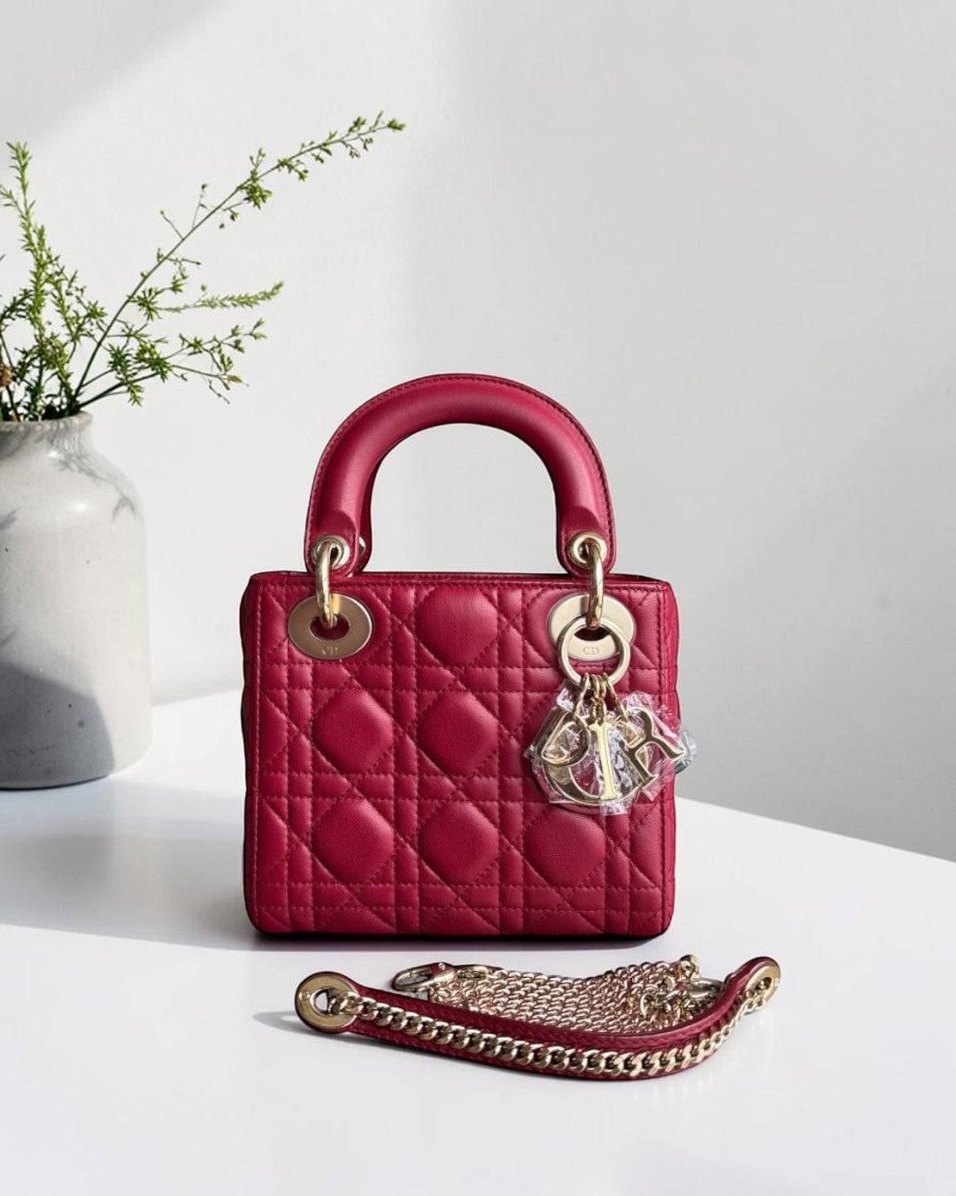 Dior Lady Mini - Cannage Lambskin Dark Red Gold Hardware Chain Strap