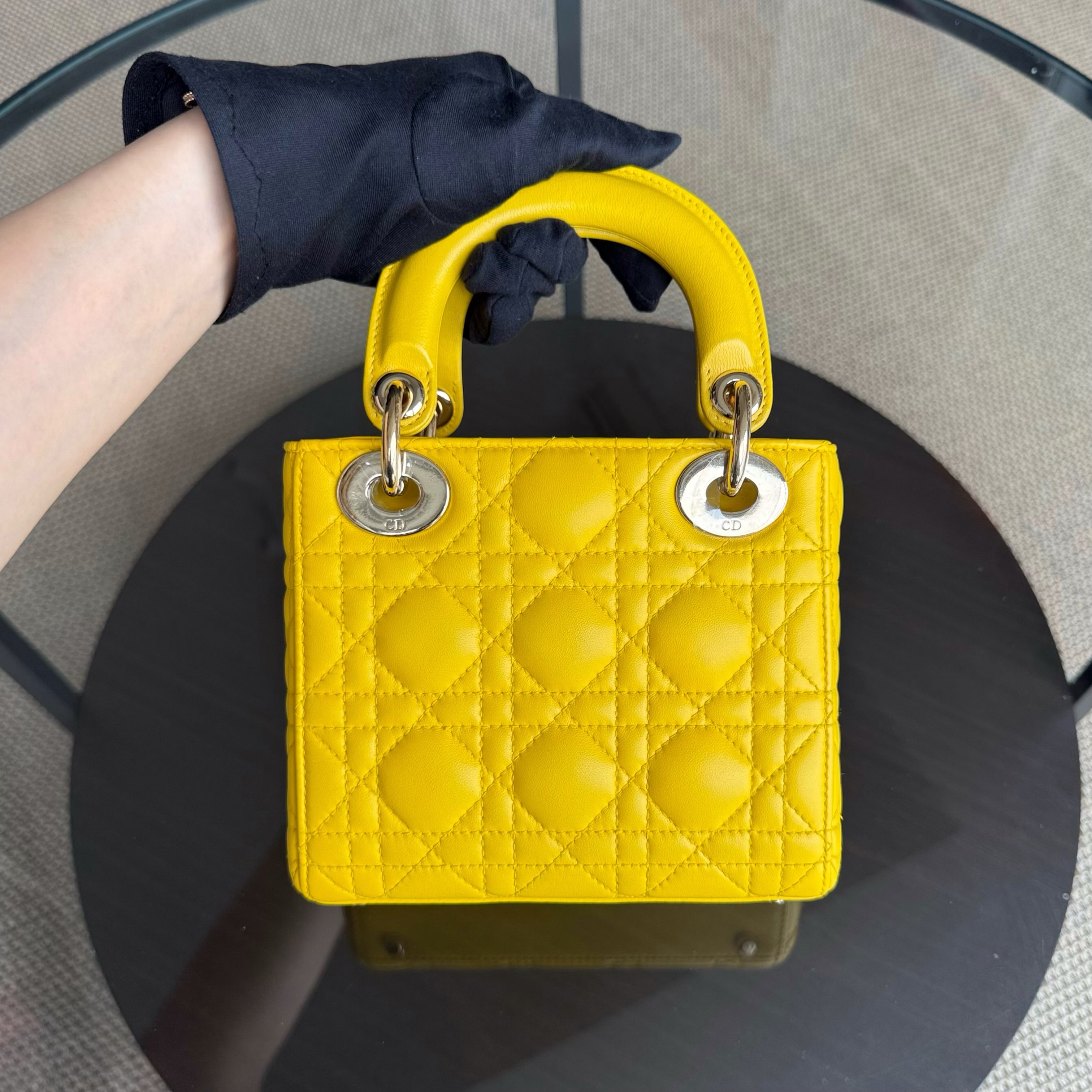 Dior Lady Mini - Cannage Lambskin Yellow Silver Hardware Adjustable Strap