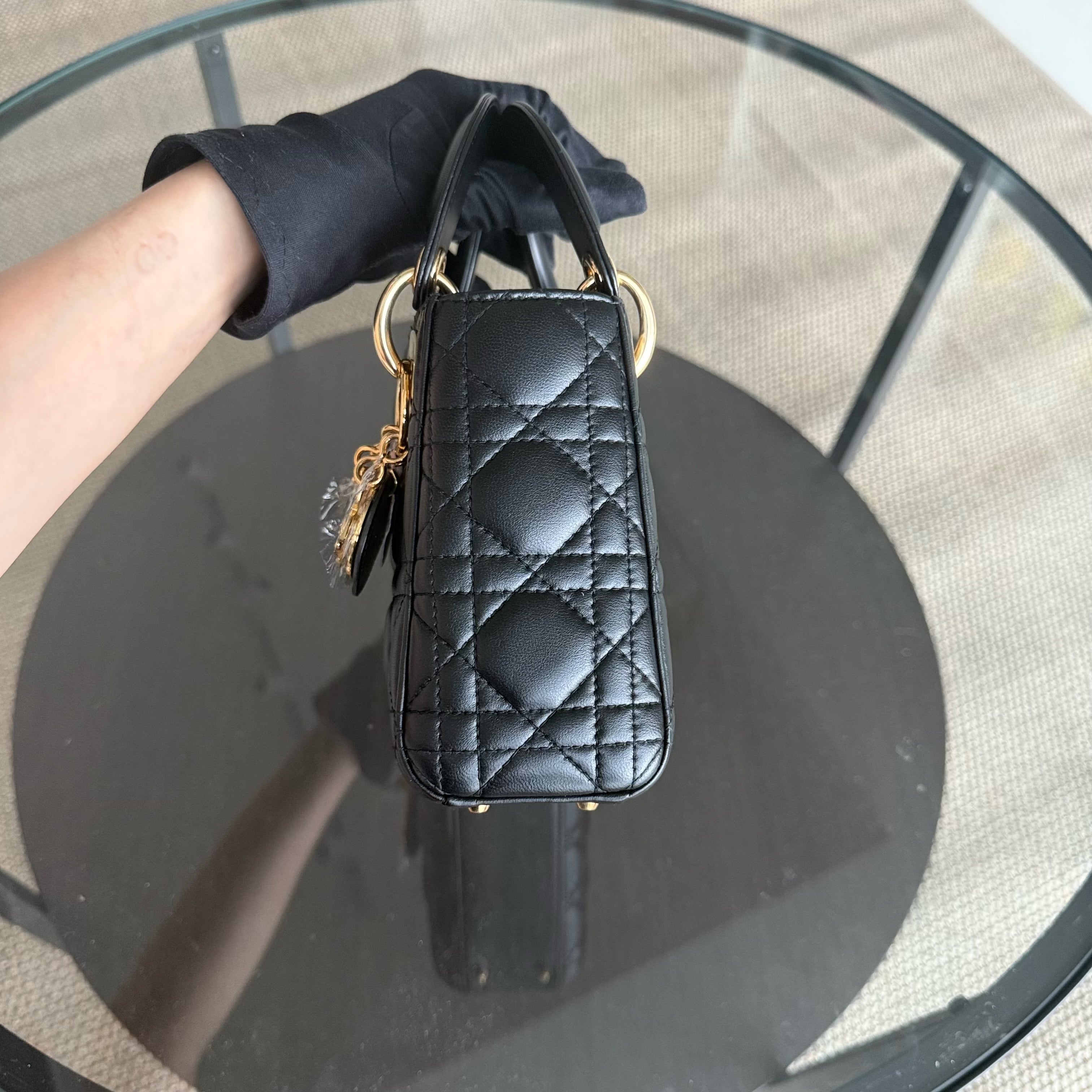 Dior Lady Mini - Cannage Lambskin Black Gold Hardware Adjustable Strap