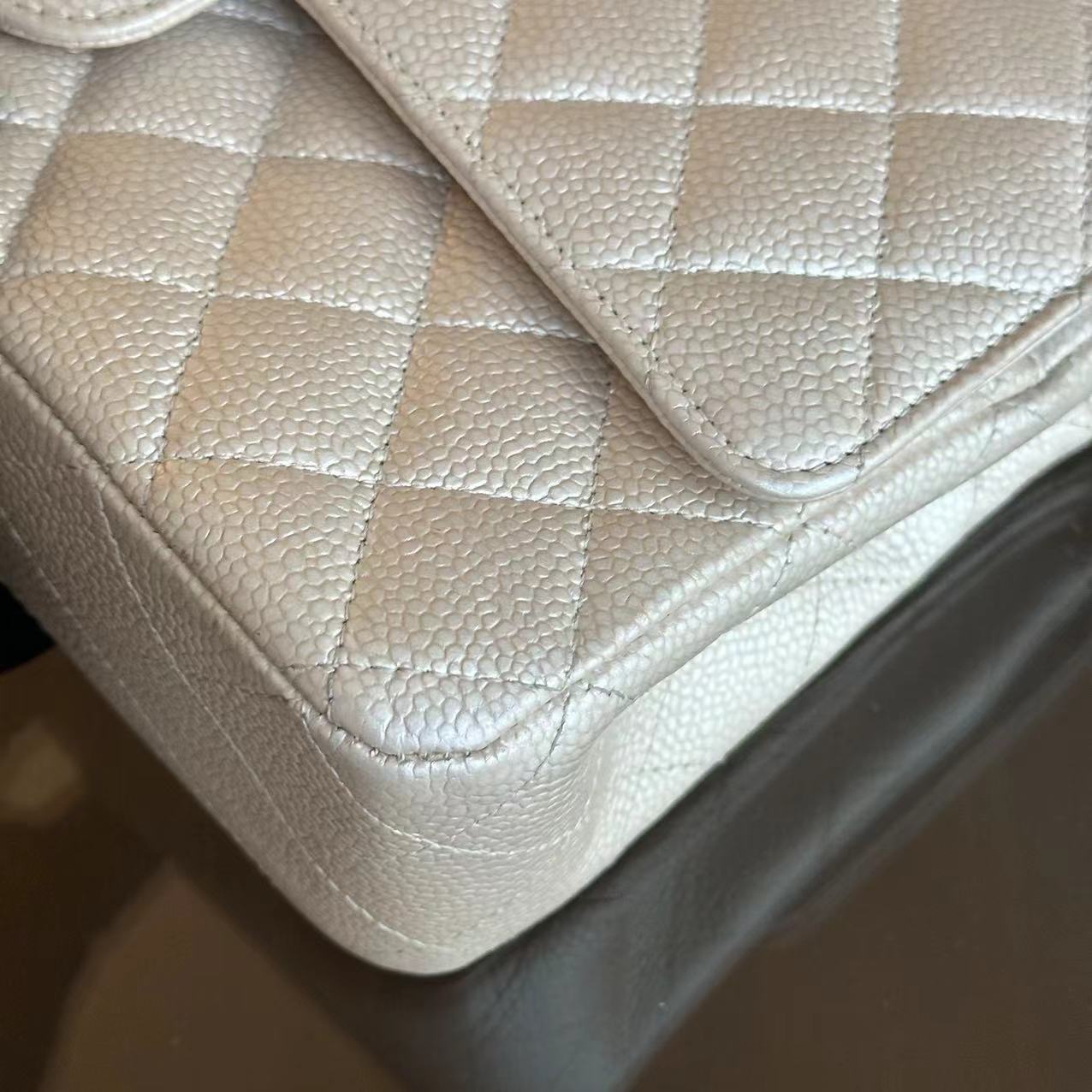 Chanel Medium Caviar Classic Flap Quilted Grained Calfskin Iridescent Beige Gold Golden Hardware Series 16