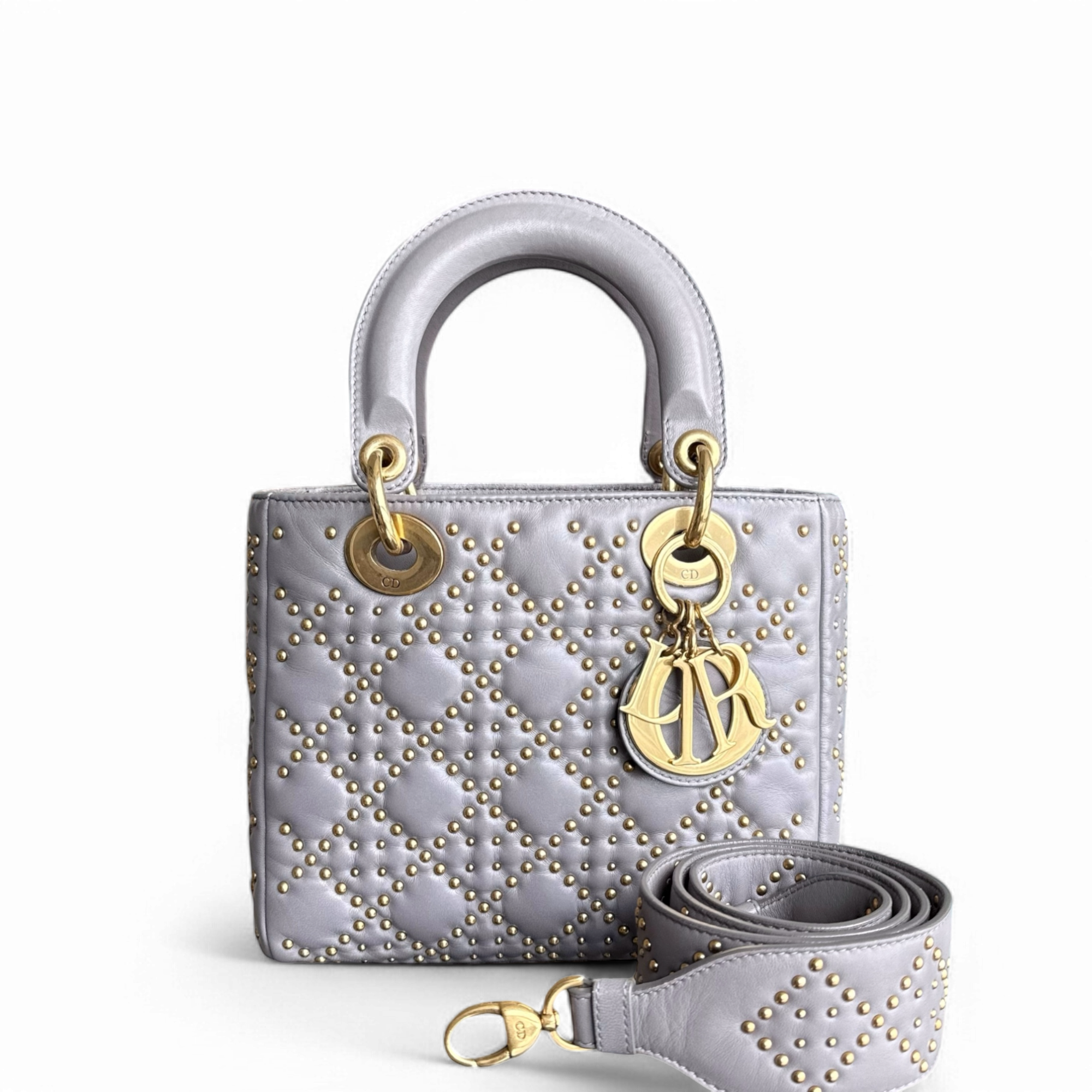 Dior Lady Small - Studded Lambskin Cannage Grey Gray Gold Hardware