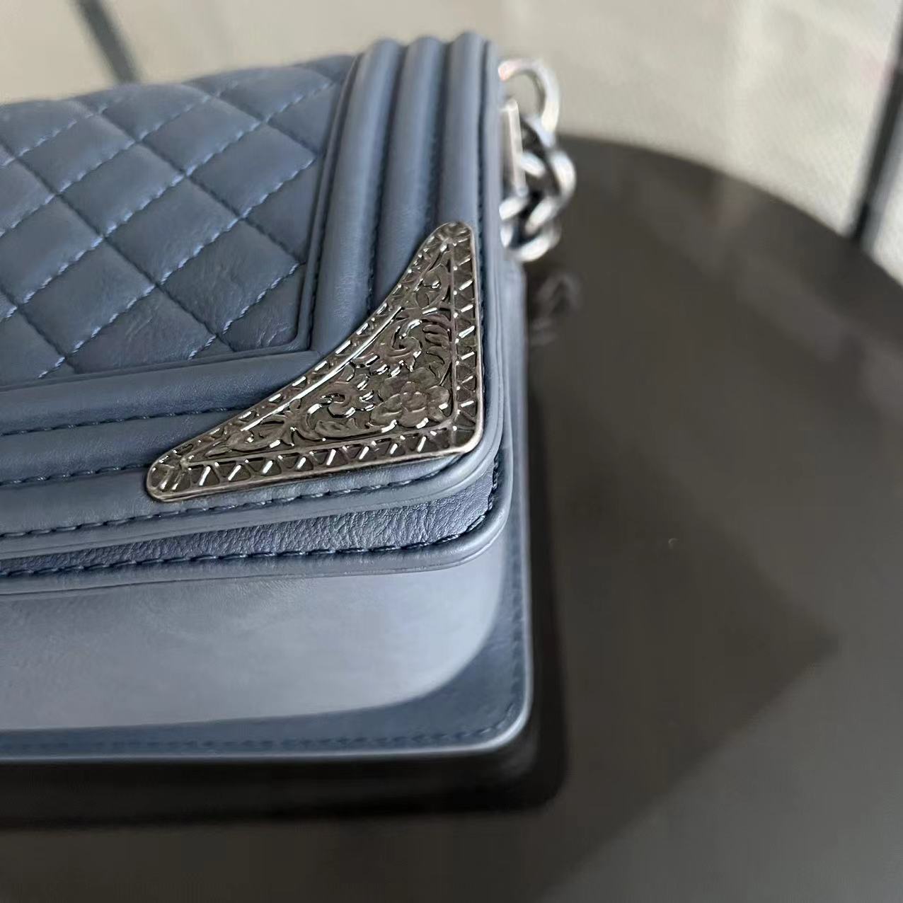 Chanel Boy Medium - 25CM Calfskin Quilted Limited Edition Metal Edges Leboy Ruthenium Silver Hardware Series 19