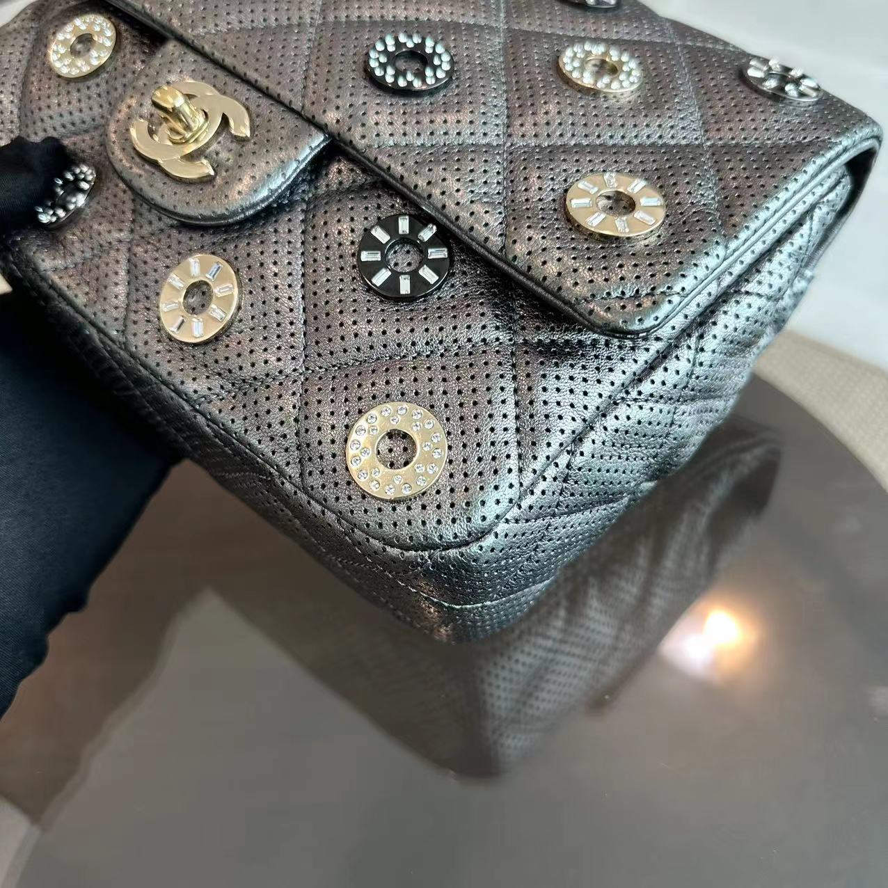 Chanel Seasonal Flap Cruise Paris-Dubai Medals 2015 Perforated Metallic Calfskin Dark Grey Series 20