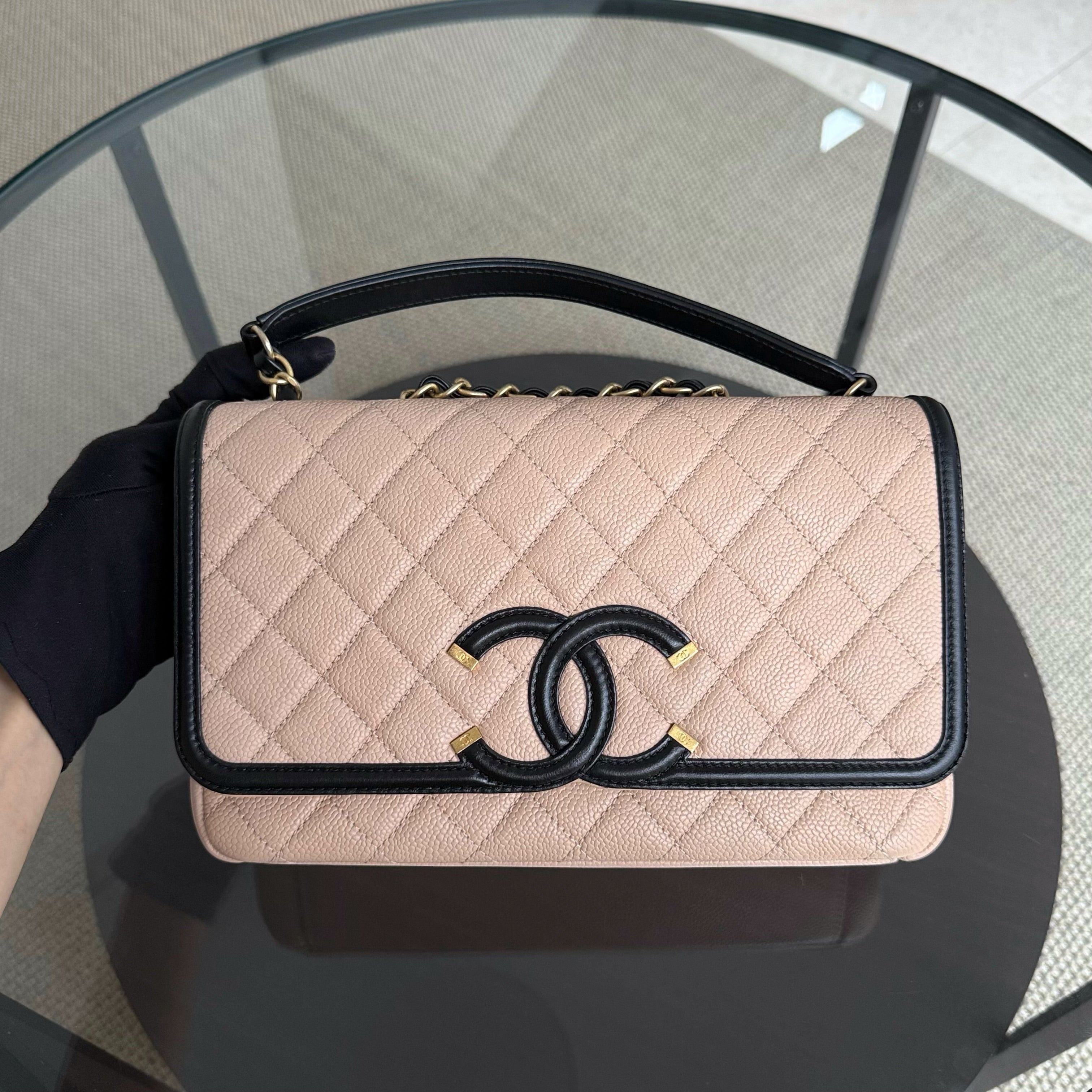 Chanel Filigree CC Medium - 25CM Caviar Quilted Beige Gold Hardware Series 24