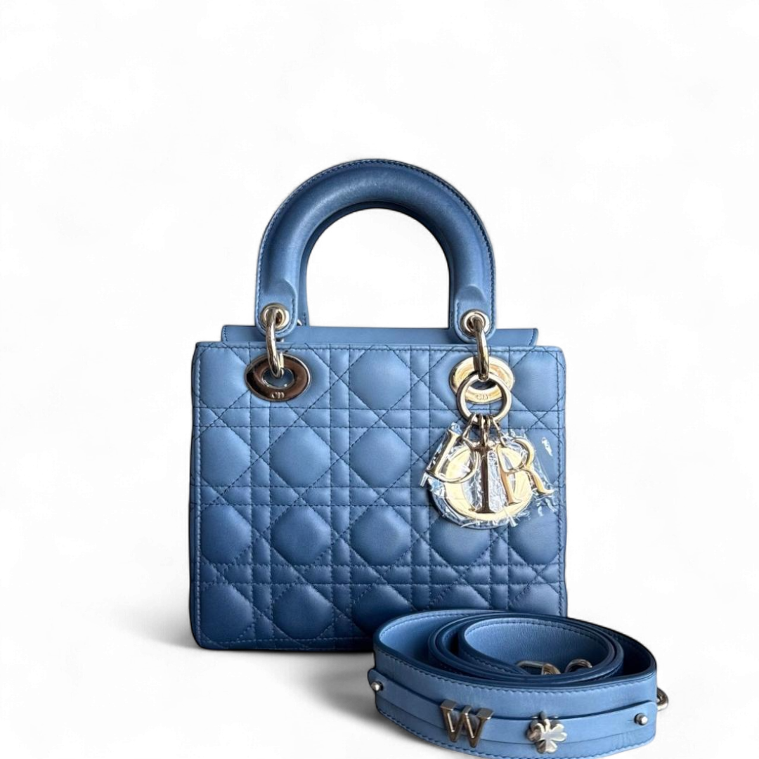 Dior Lady Small Flap - Cannage Lambskin Blue Gold Hardware with Charms